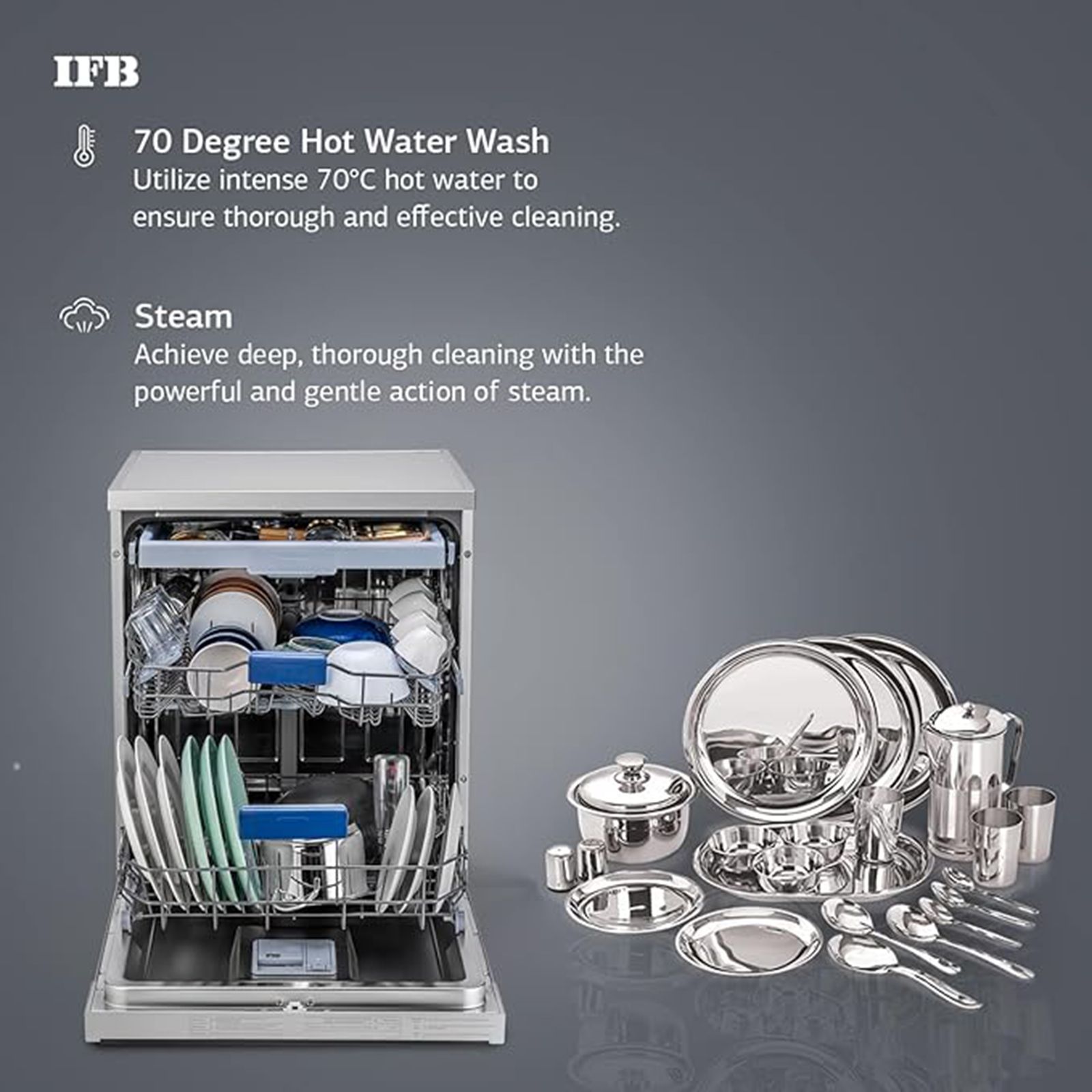 IFB Neptune VX15 15 Place Settings Free Standing Dishwasher with 70°C Hot Water Wash (No Pre-rinse Required, Dark Silver)	_10