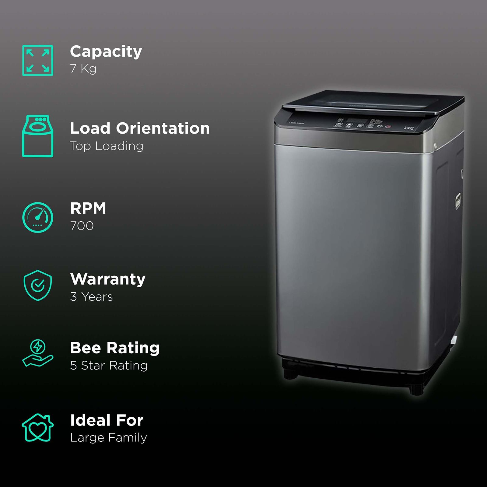 Voltas Beko 7 kg 5 Star Fully Automatic Top Load Washing Machine (WTL70UPGB, Lint Filter, Grey)_2