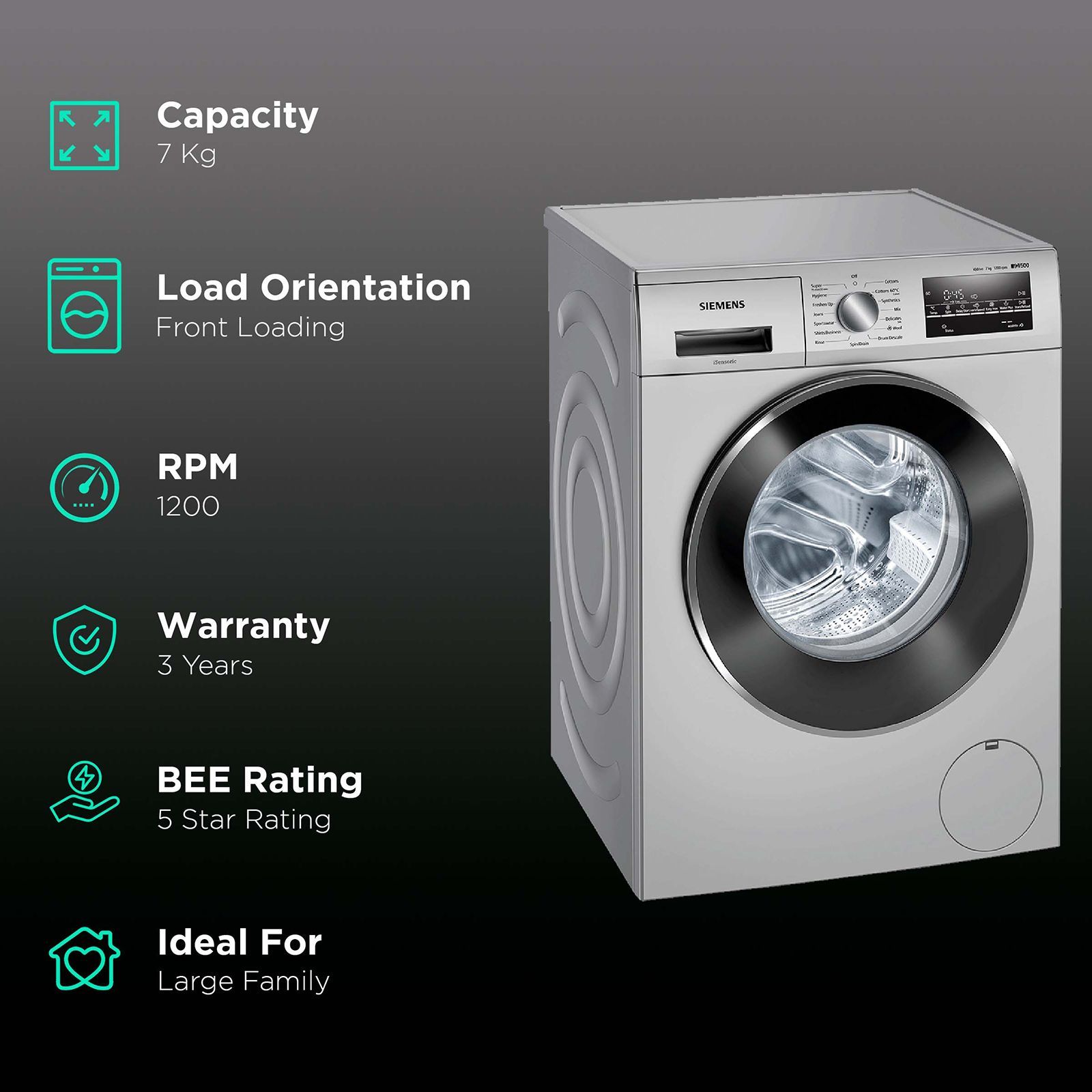 SIEMENS 7 kg 5 Star Inverter Fully Automatic Front Load Washing Machine (iQ300, WM12J46SIN, Wave Drum, Platinum Silver)_2