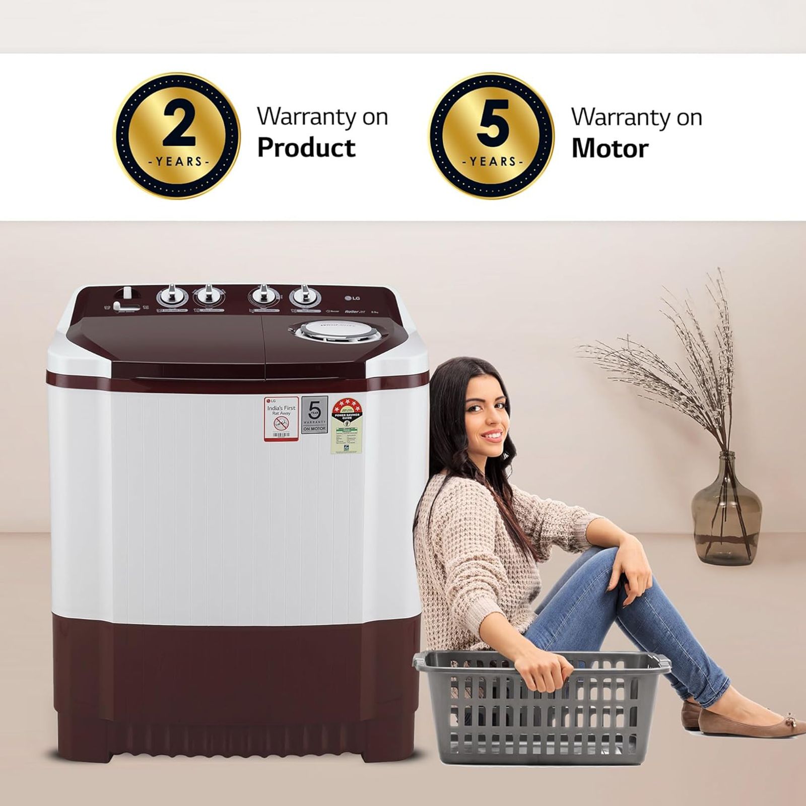 LG 8 kg 5 Star Semi Automatic Washing Machine with Lint Filter (P8030SRAZ.ABGQEIL, Burgundy)_18