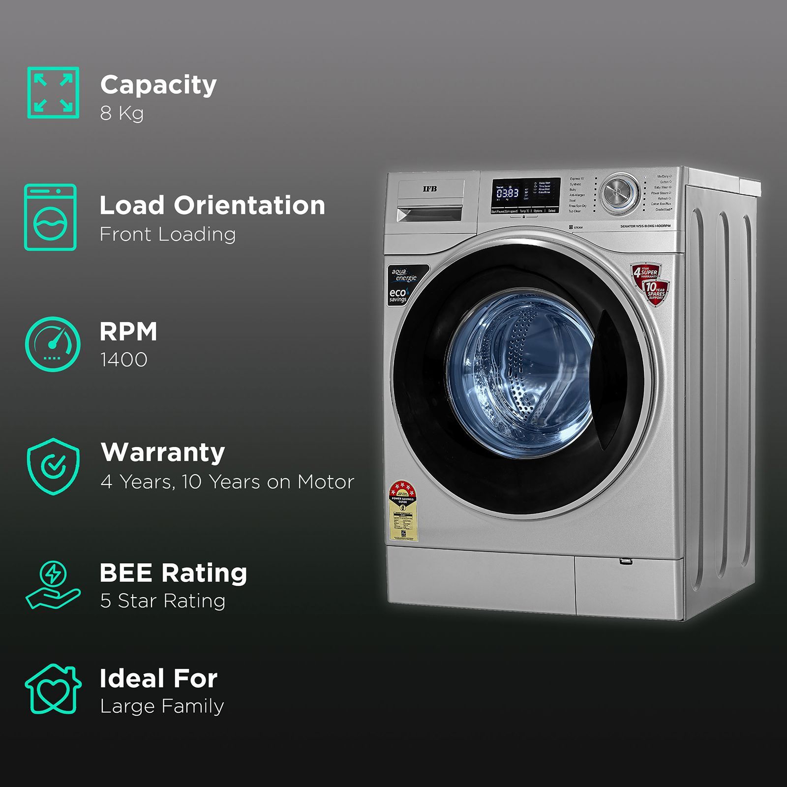 IFB 8 kg 5 Star Fully Automatic Front Load Washing Machine (Senator WSS STEAM, Steam Wash Technology, Silver)_2