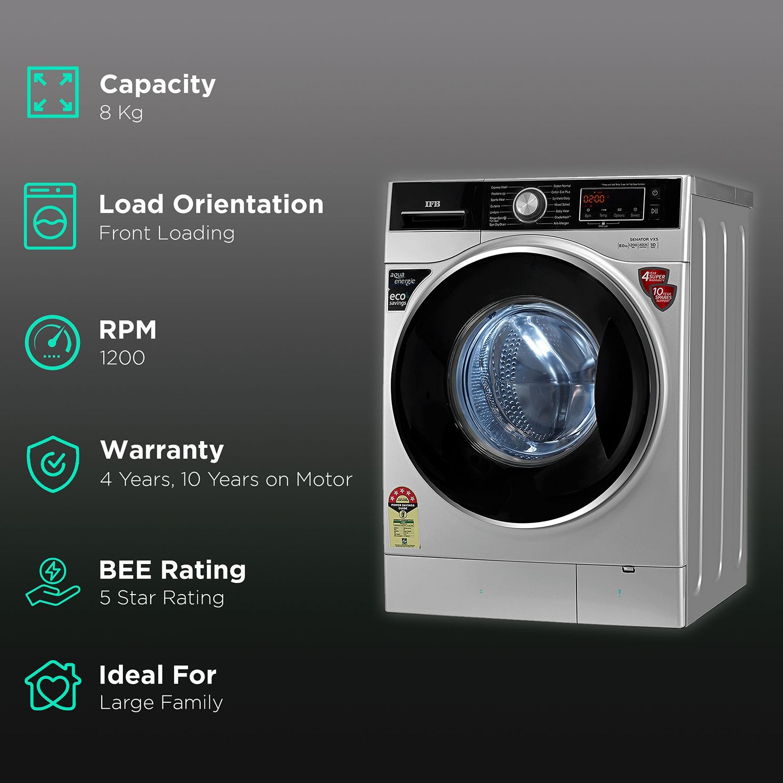 IFB 8 kg 5 Star Fully Automatic Front Load Washing Machine (Senator VXS 0812, Aqua Energie, Silver)_2
