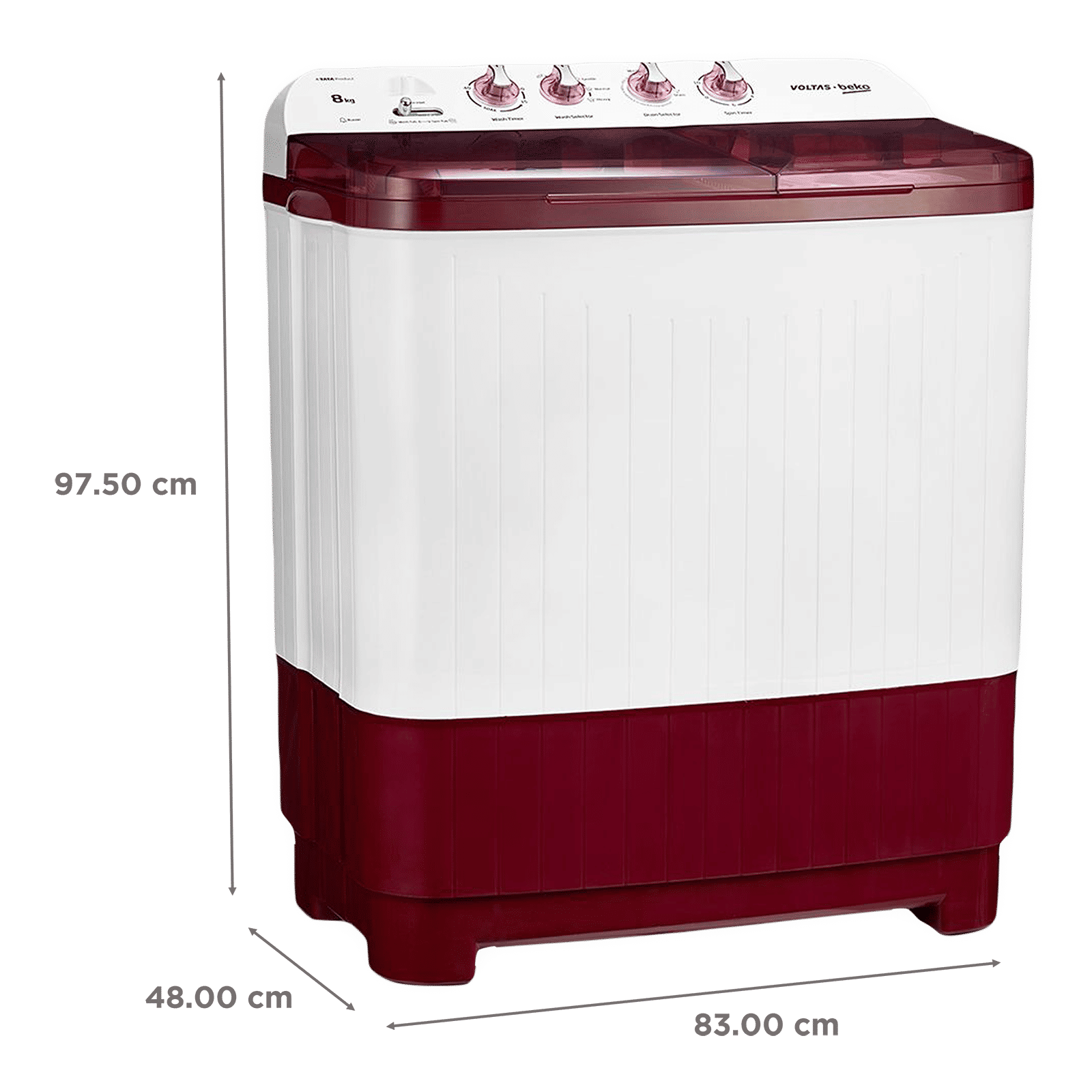 VOLTAS beko 8 kg 5 Star Semi Automatic Washing Machine with IPX4 Control Panel (WTT80DBRT, Burgundy) VOLTAS beko 8 kg 5 Star Semi Automatic Washing Machine with IPX4 Control Panel (WTT80DBRT, Burgundy)_3