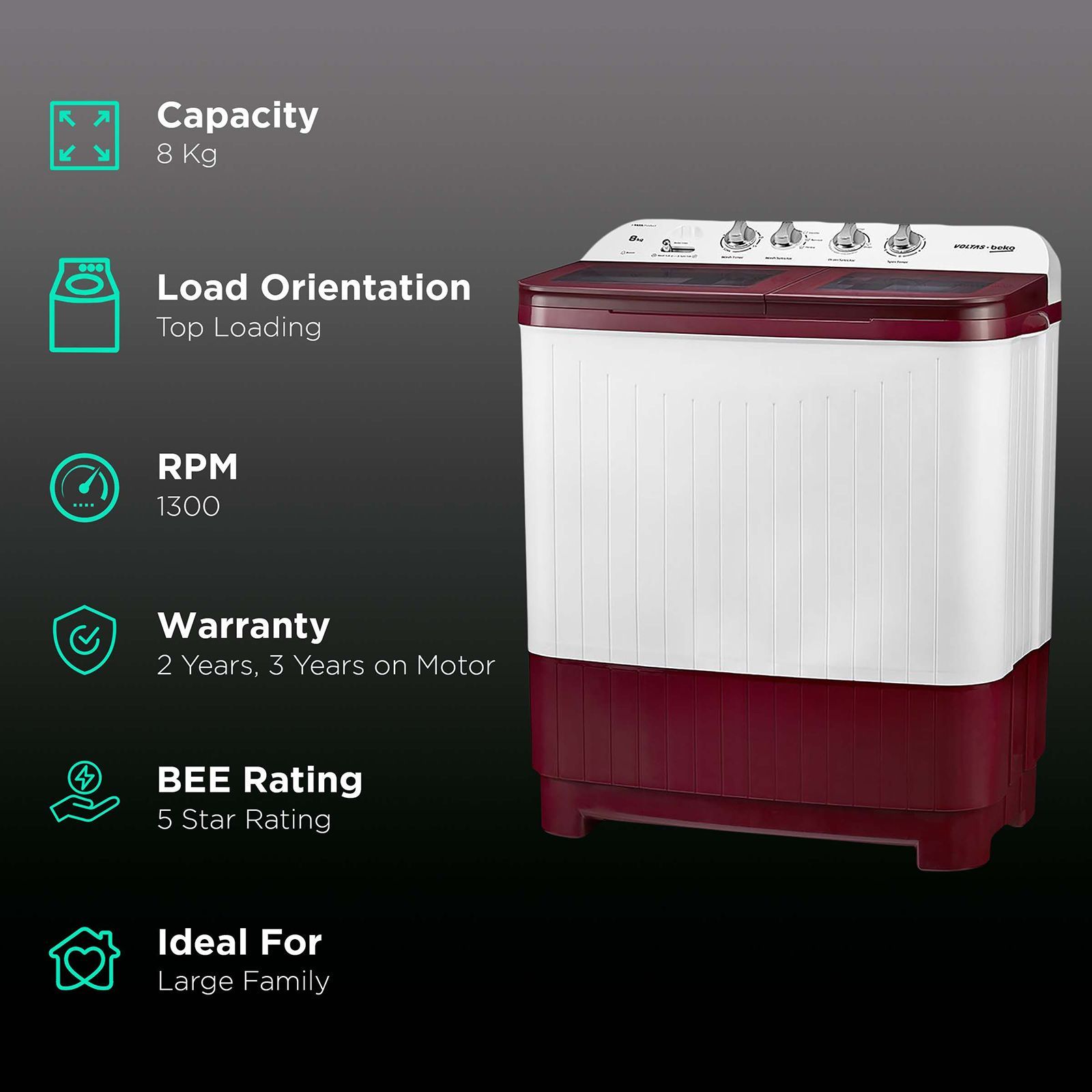 VOLTAS beko 8 kg 5 Star Semi Automatic Washing Machine with IPX4 Control Panel (WTT80DBRG, Burgundy) VOLTAS beko 8 kg 5 Star Semi Automatic Washing Machine with IPX4 Control Panel (WTT80DBRG, Burgundy)_2