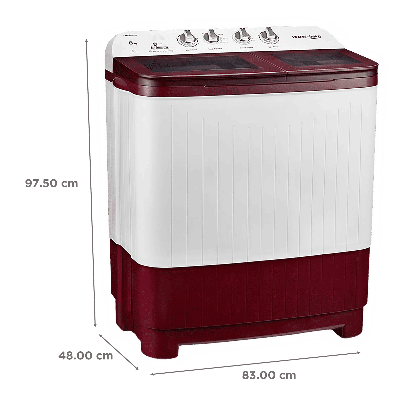 VOLTAS beko 8 kg 5 Star Semi Automatic Washing Machine with IPX4 Control Panel (WTT80DBRG, Burgundy) VOLTAS beko 8 kg 5 Star Semi Automatic Washing Machine with IPX4 Control Panel (WTT80DBRG, Burgundy)_3
