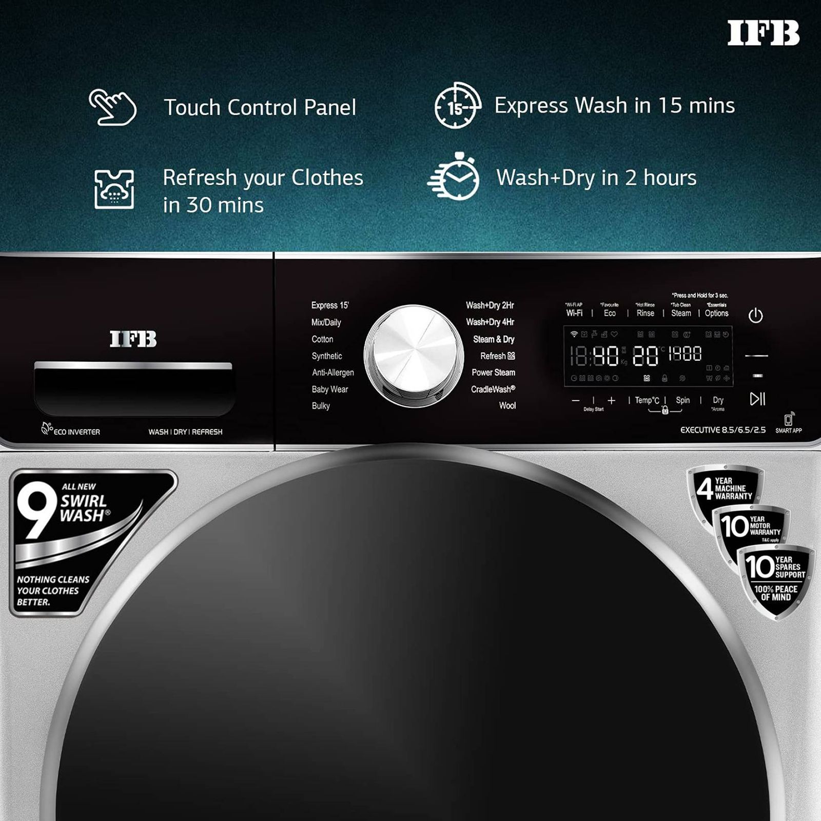 IFB 8.5/6.5 kg 5 Star Inverter Fully Automatic Front Load Washer Dryer (Executive ZXS, Power Steam Wash, Silver) IFB 8.5/6.5 kg 5 Star Inverter Fully Automatic Front Load Washer Dryer (Executive ZXS, Power Steam Wash, Silver)_16