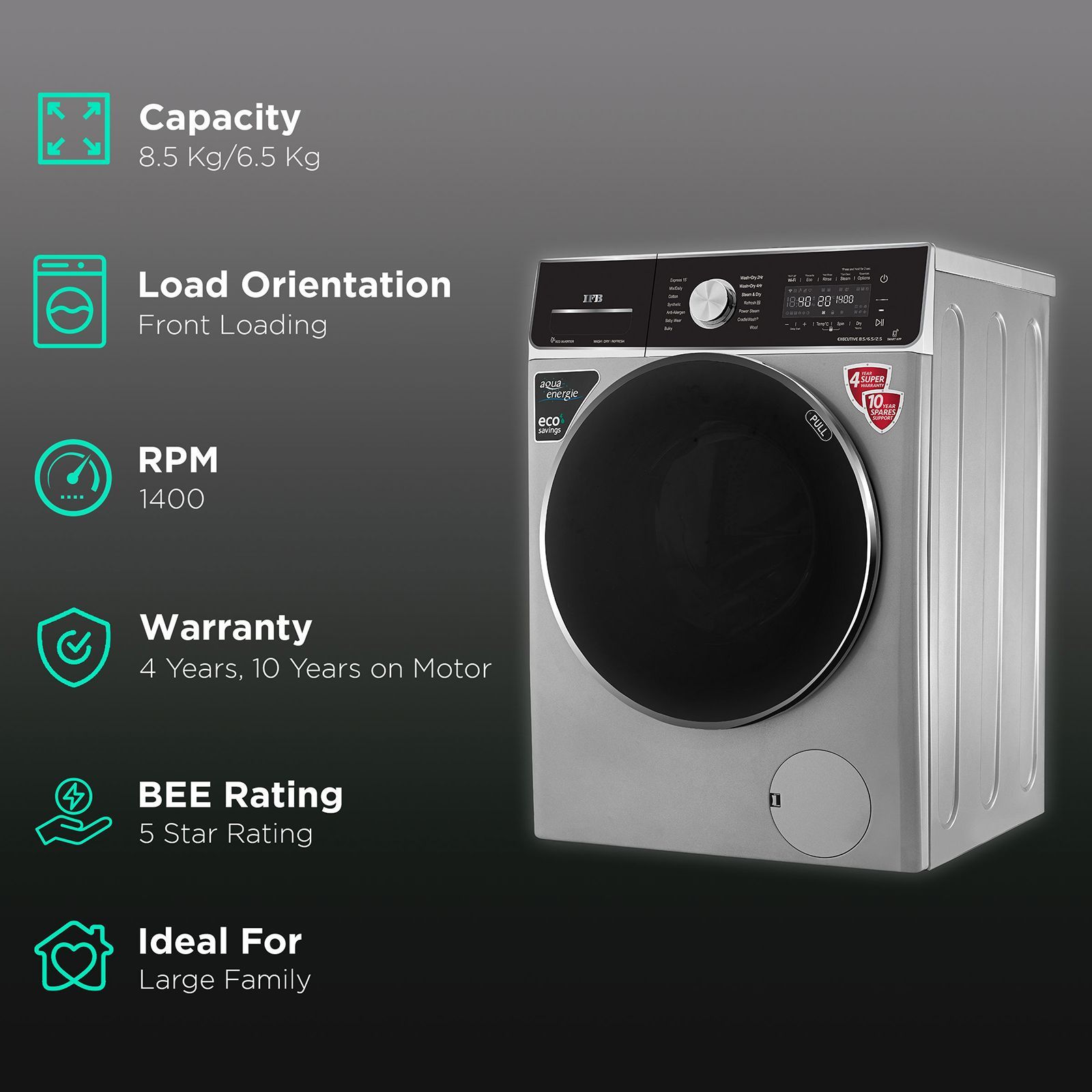 IFB 8.5/6.5 kg 5 Star Inverter Fully Automatic Front Load Washer Dryer (Executive ZXS, Power Steam Wash, Silver) IFB 8.5/6.5 kg 5 Star Inverter Fully Automatic Front Load Washer Dryer (Executive ZXS, Power Steam Wash, Silver)_2
