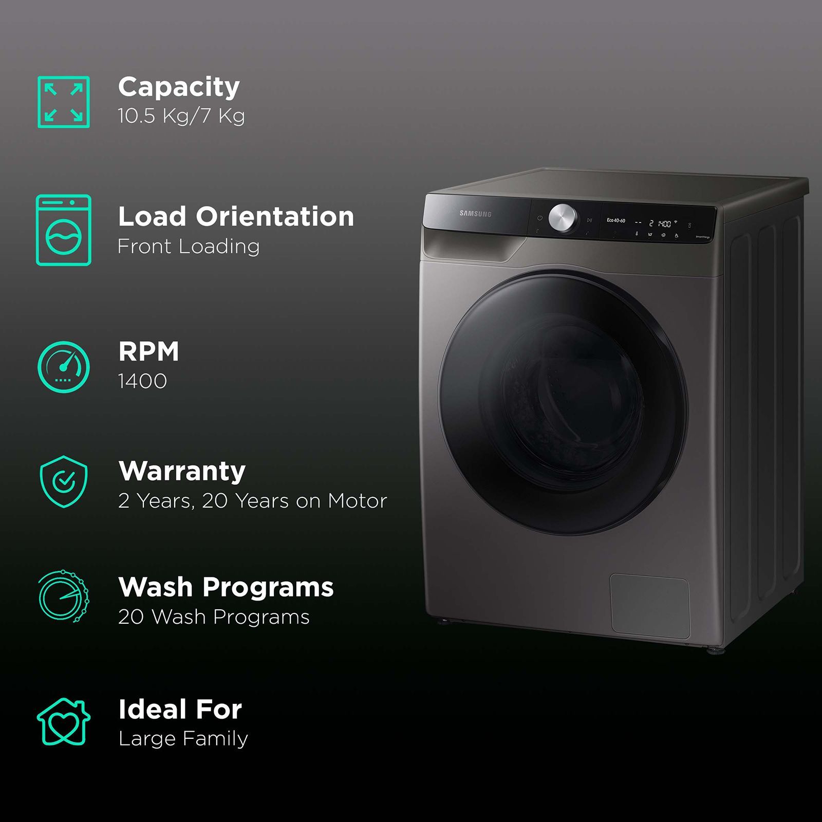 SAMSUNG 10.5/7 kg Inverter Fully Automatic Front Load Washer Dryer (WD10T704DBX/TL, AI Control Display, Inox) SAMSUNG 10.5/7 kg Inverter Fully Automatic Front Load Washer Dryer (WD10T704DBX/TL, AI Control Display, Inox)_2