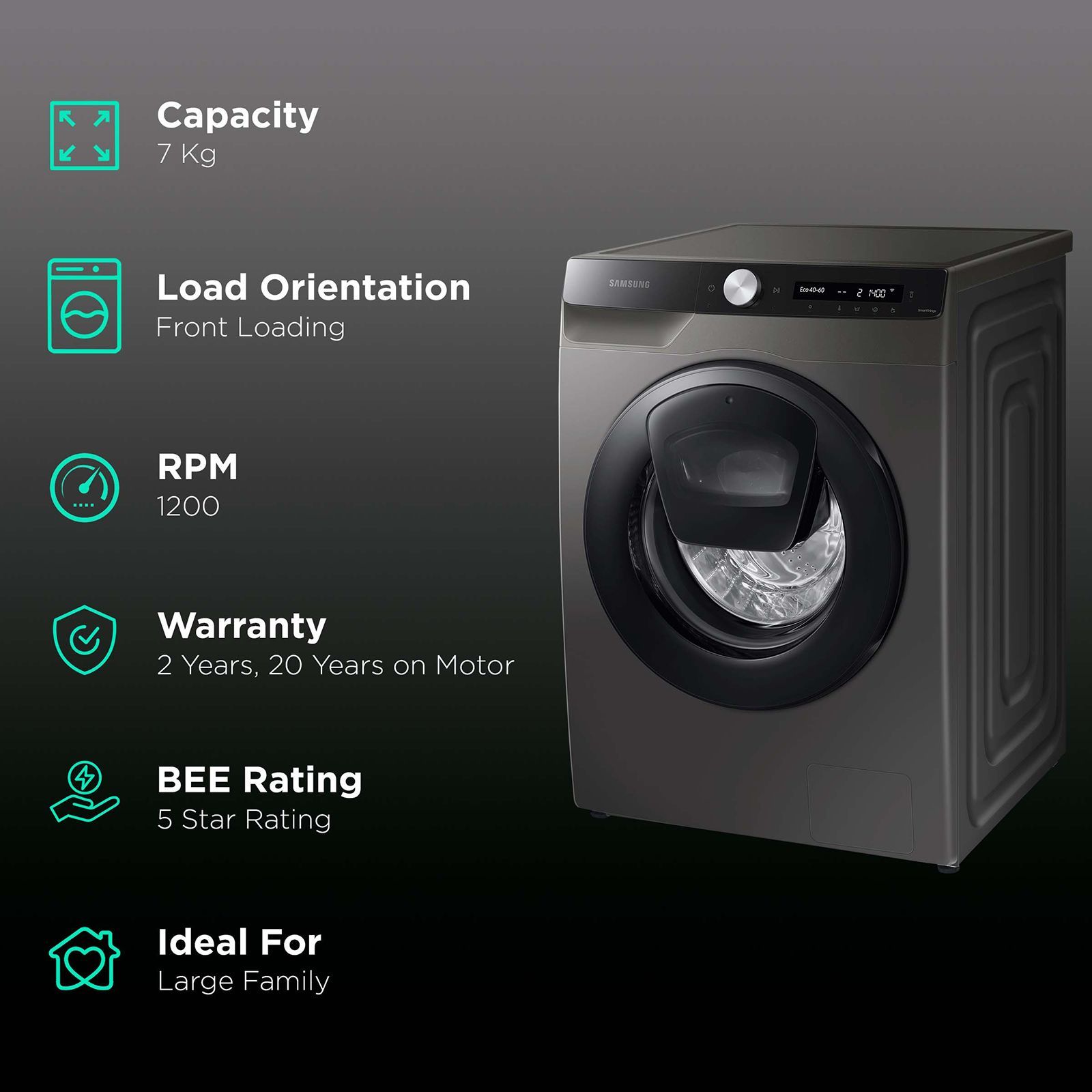 SAMSUNG 7 kg 5 Star Inverter Fully Automatic Front Load Washing Machine (WW70T552DAX/TL, AI Control Display, Inox)_2
