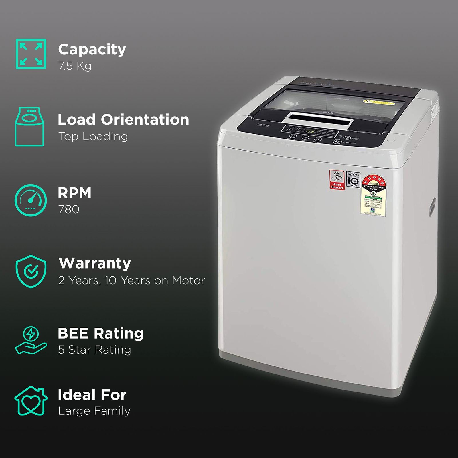LG 7.5 kg 5 Star Inverter Fully Automatic Top Load Washing Machine (T75SKSF1Z.ASFQEIL, TurboDrum, Middle Free Silver) LG 7.5 kg 5 Star Inverter Fully Automatic Top Load Washing Machine (T75SKSF1Z.ASFQEIL, TurboDrum, Middle Free Silver)_2