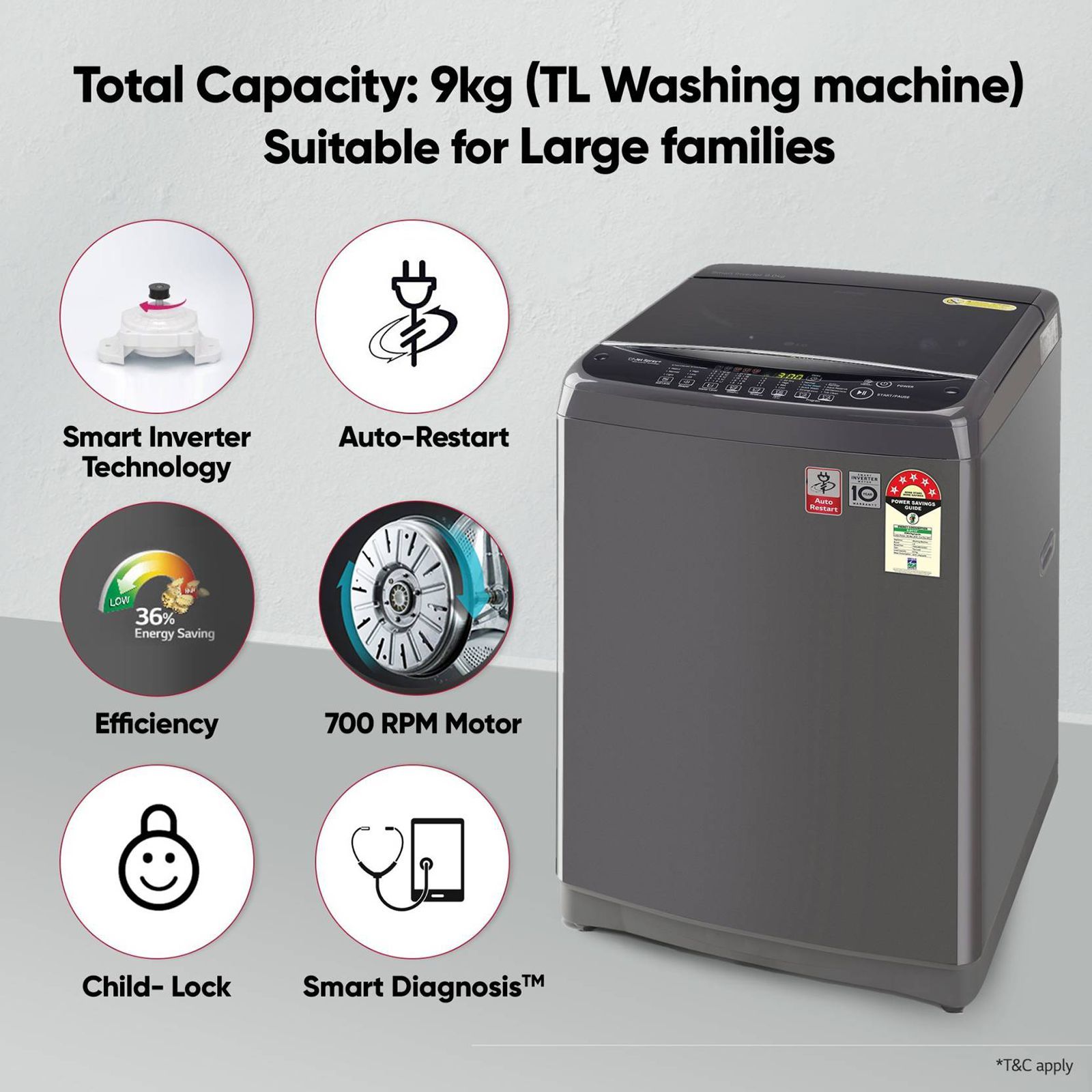 LG 9 kg 5 Star Inverter Fully Automatic Top Load Washing Machine (T90SJMB1Z.ABMQEIL, Smart Inverter Technology, Middle Black)_14