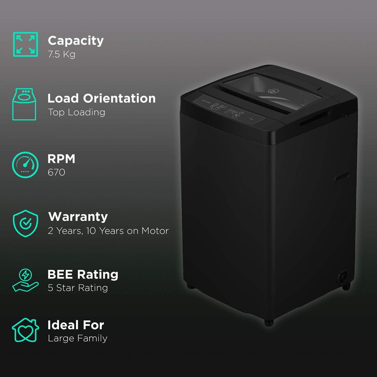 Godrej 7.5 kg 5 Star Fully Automatic Top Load Washing Machine (Eon Audra, WTEON ADR 75 5.0 FDTH GPGR, Auto Balance System, Graphite Grey)_2