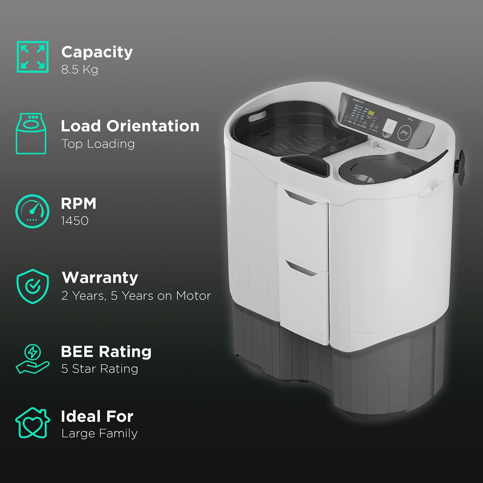 Godrej 8.5 kg 5 Star Semi Automatic Washing Machine with In-Built Heater (Edge Digi, WS EDGE DIGI 85 5.0 PB2 M GPGR, Graphite Grey) Godrej 8.5 kg 5 Star Semi Automatic Washing Machine with In-Built Heater (Edge Digi, WS EDGE DIGI 85 5.0 PB2 M GPGR, Graphite Grey)_2