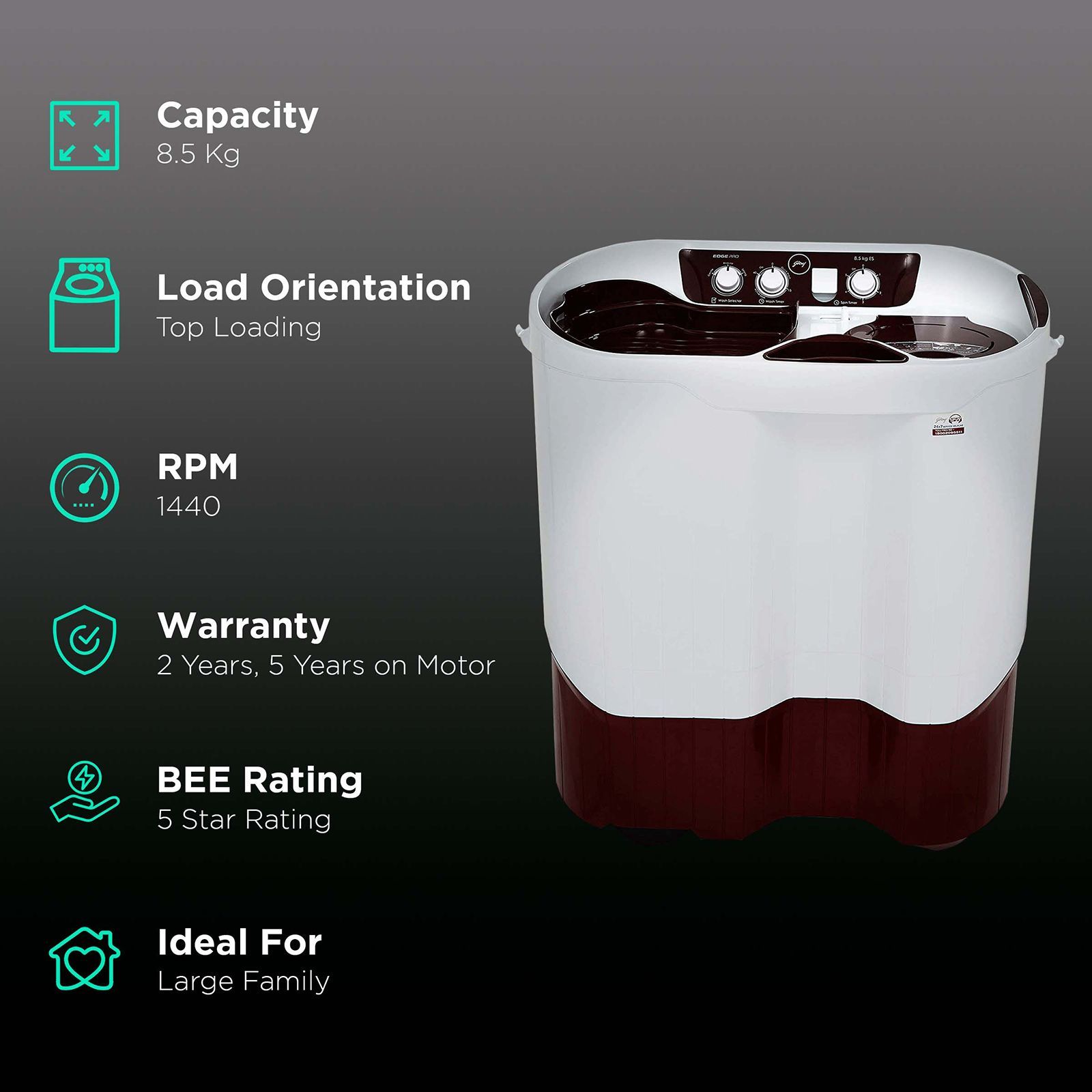 Godrej 8.5 kg 5 Star Semi Automatic Washing Machine with Spin Shower (Edge Pro, WS EDGEPRO 850 ES, Wine Red)_2