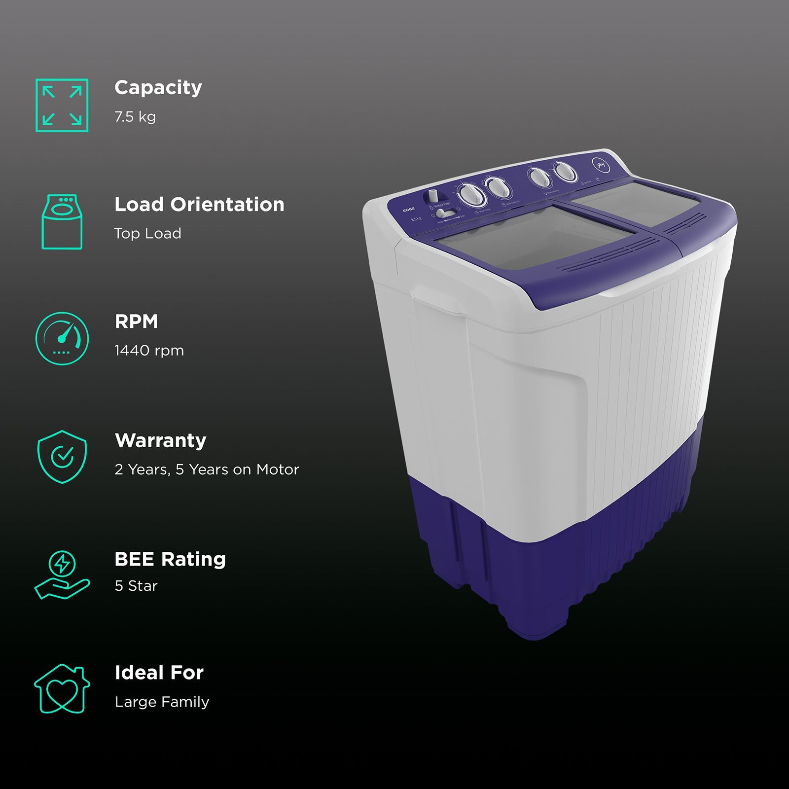 Godrej 7.5 kg 5 Star Semi Automatic Washing Machine with Tri Roto Scrub Pulsator (WS EDGE 7.5 ROBL T, Royal Blue)_2