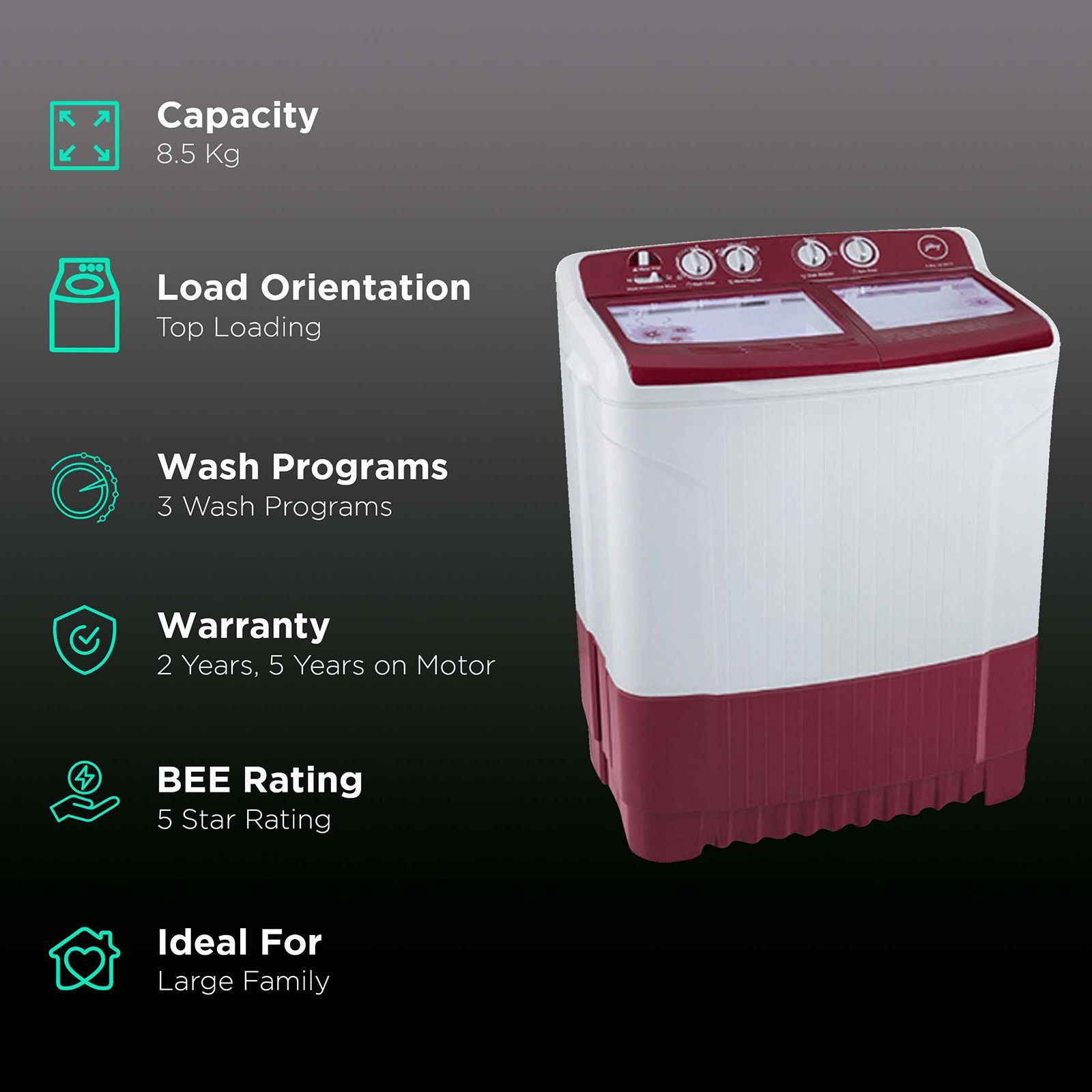 Godrej 8.5 kg 5 Star Semi Automatic Washing Machine with Spin Shower (Edge, WS EDGE 8.5 WNRD TB3 M, Wine Red) Godrej 8.5 kg 5 Star Semi Automatic Washing Machine with Spin Shower (Edge, WS EDGE 8.5 WNRD TB3 M, Wine Red)_2