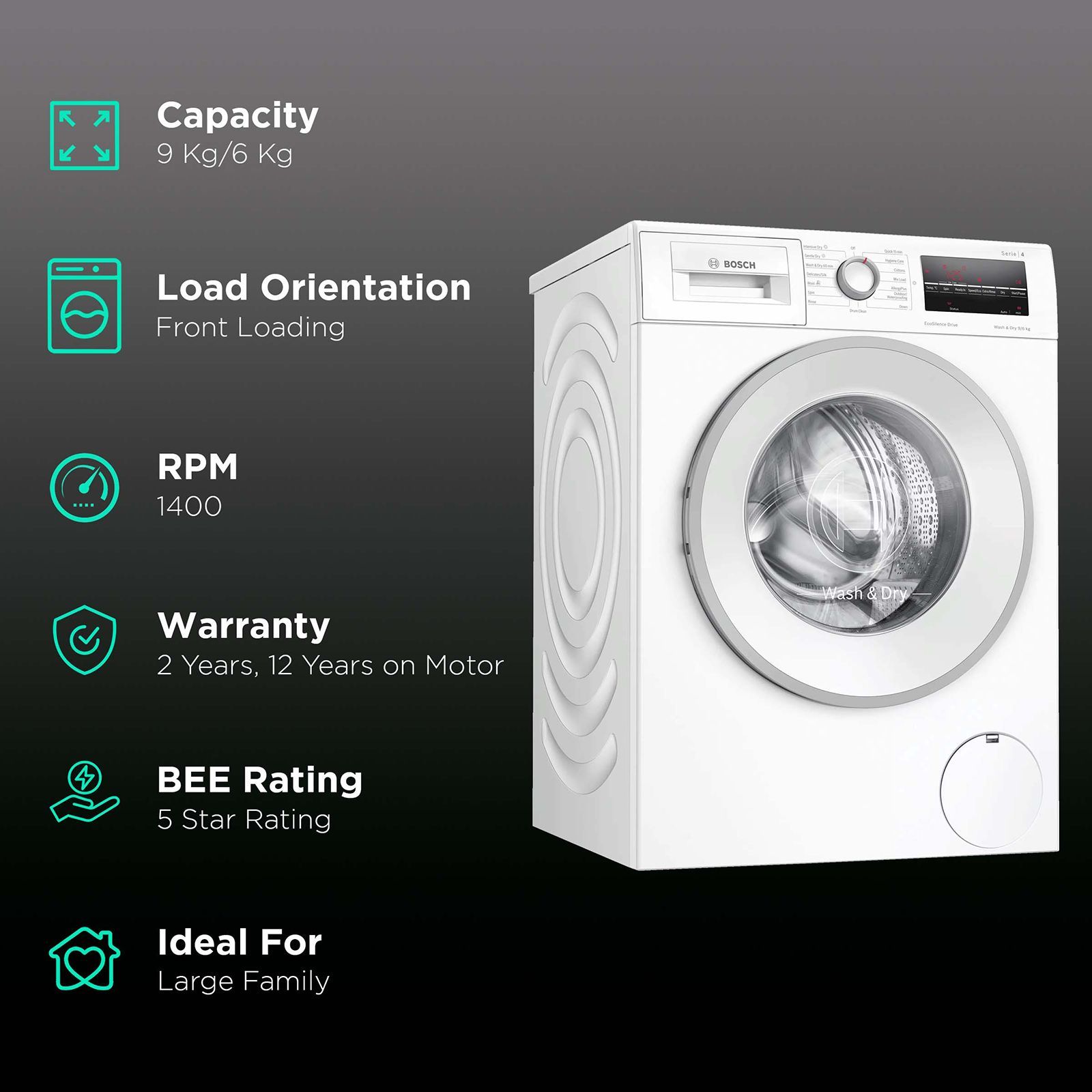 BOSCH 9/6 kg 5 Star Inverter Fully Automatic Front Load Washer Dryer (Series 4, WNA14400IN, Anti-Vibration Side Panel, White) BOSCH 9/6 kg 5 Star Inverter Fully Automatic Front Load Washer Dryer (Series 4, WNA14400IN, Anti-Vibration Side Panel, White)_2