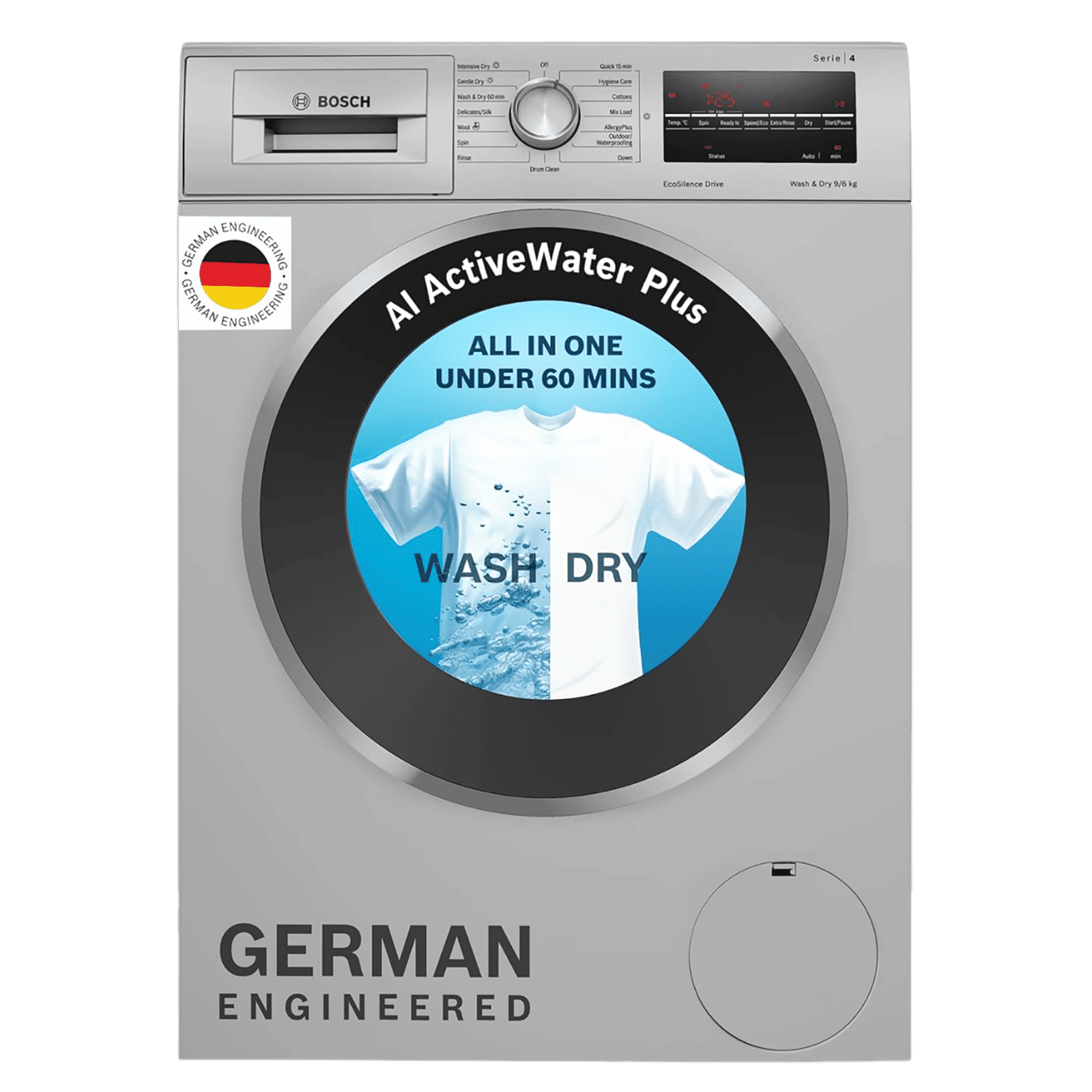 BOSCH 9/6 kg 5 Star Inverter Fully Automatic Front Load Washer Dryer (Series 4, WNA14408IN, Anti-Vibration Side Panel, Silver)_1