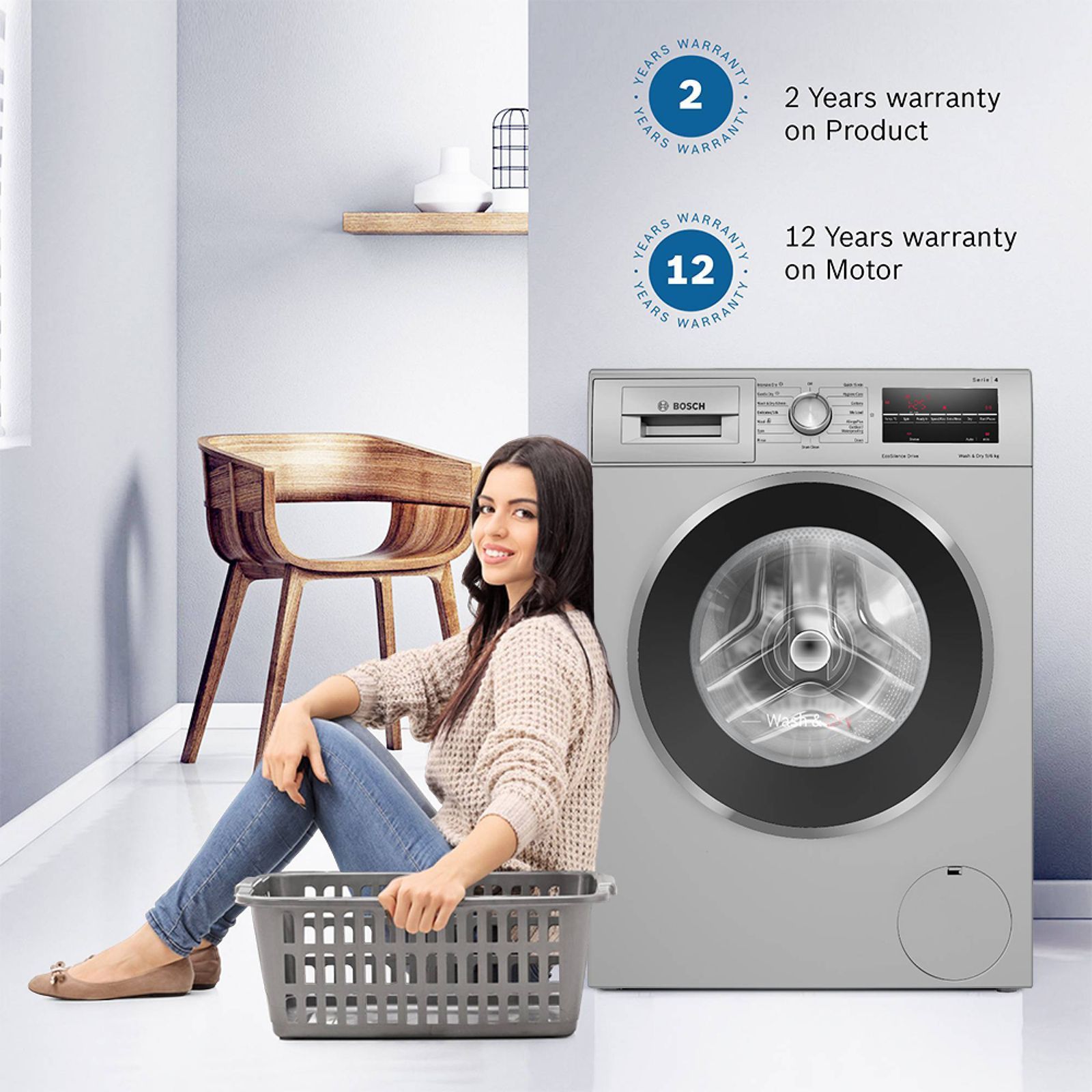 BOSCH 9/6 kg 5 Star Inverter Fully Automatic Front Load Washer Dryer (Series 4, WNA14408IN, Anti-Vibration Side Panel, Silver)_9