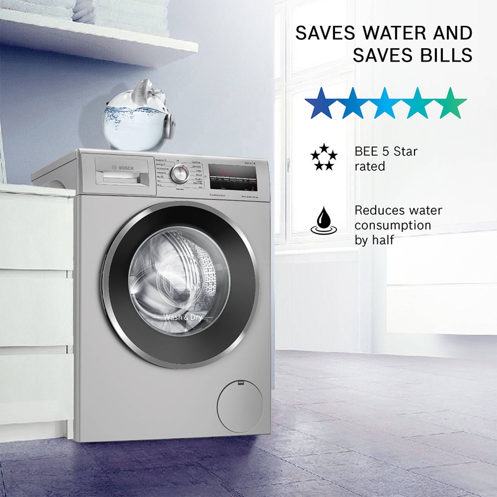 BOSCH 9/6 kg 5 Star Inverter Fully Automatic Front Load Washer Dryer (Series 4, WNA14408IN, Anti-Vibration Side Panel, Silver)_13