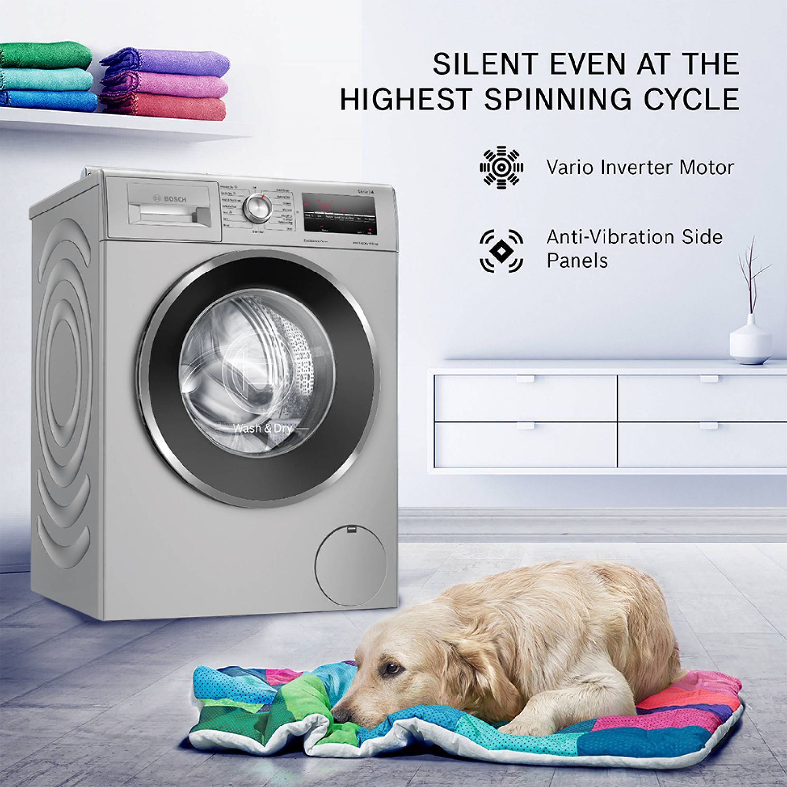 BOSCH 9/6 kg 5 Star Inverter Fully Automatic Front Load Washer Dryer (Series 4, WNA14408IN, Anti-Vibration Side Panel, Silver)_15
