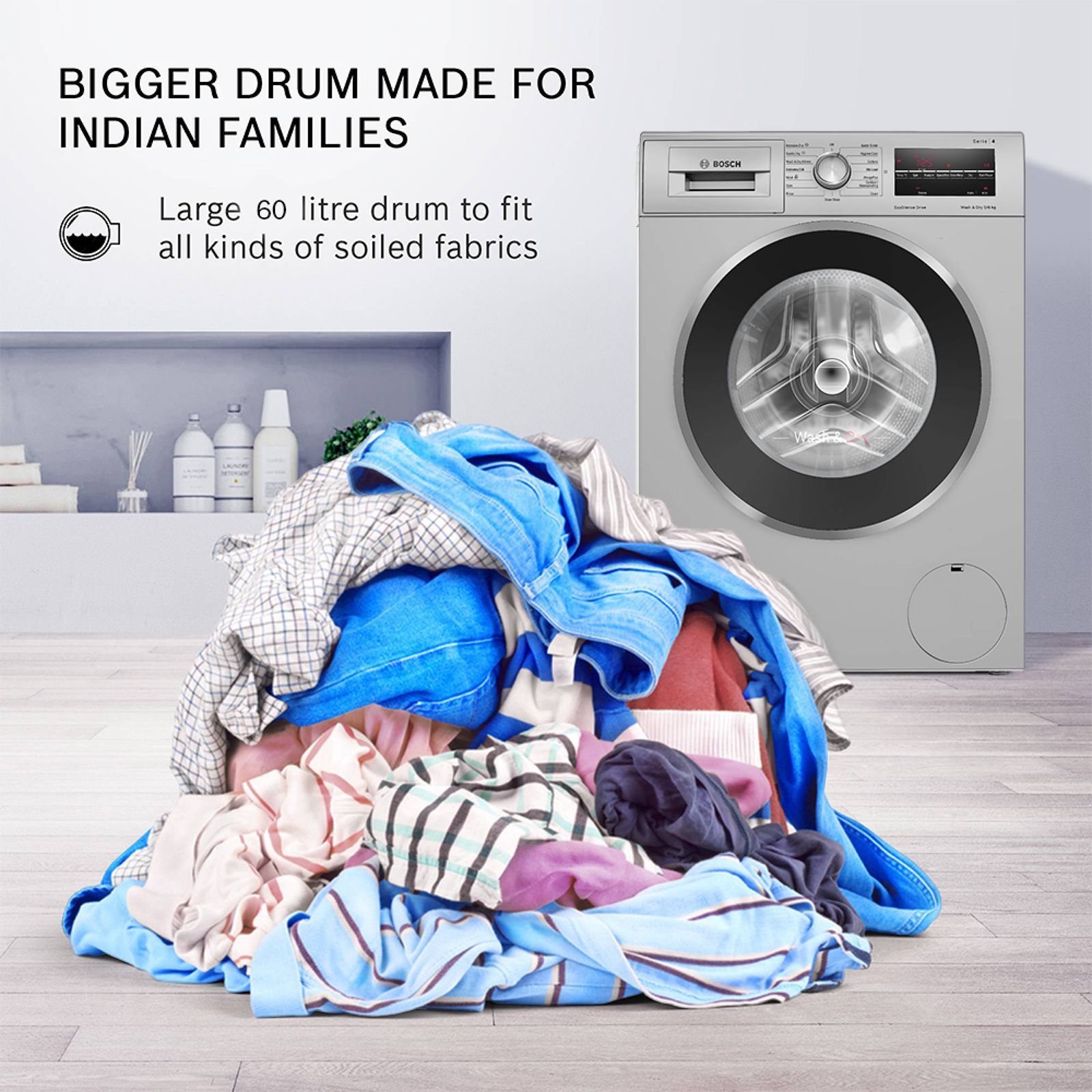 BOSCH 9/6 kg 5 Star Inverter Fully Automatic Front Load Washer Dryer (Series 4, WNA14408IN, Anti-Vibration Side Panel, Silver)_16
