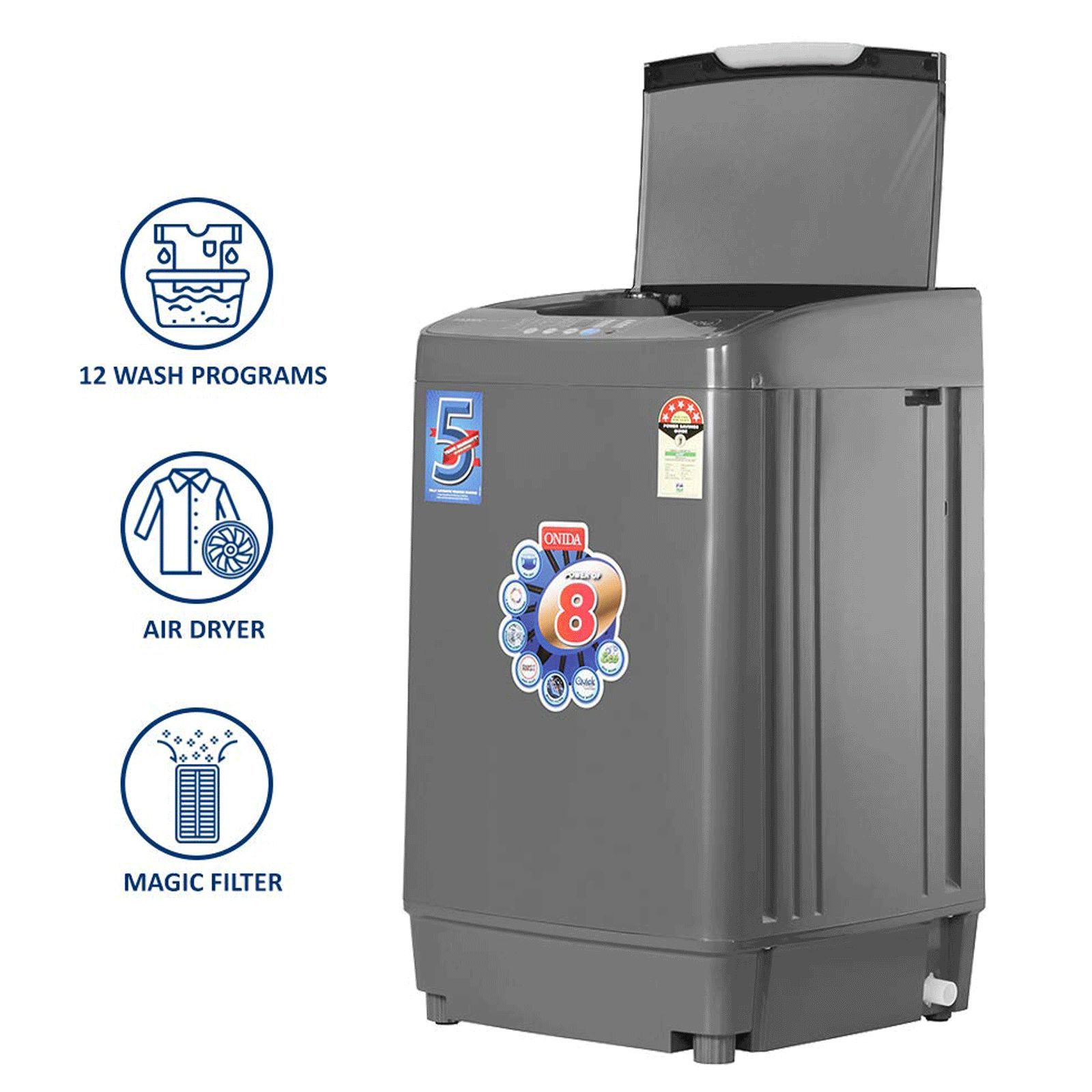 ONIDA 7 kg 5 Star Fully Automatic Top Load Washing Machine (T70FGD, Crystal Drum Technology, Grey)_13