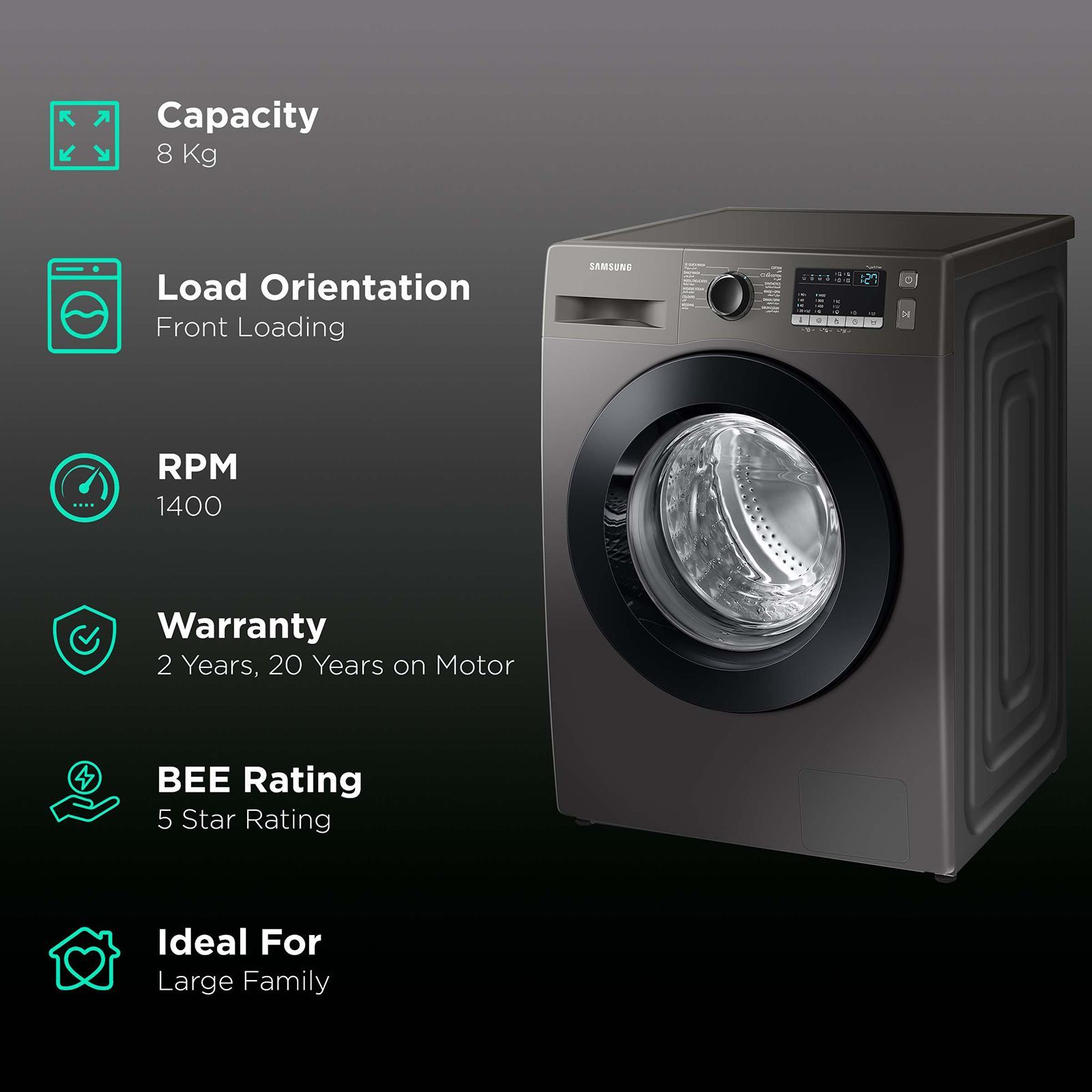 SAMSUNG 8 kg 5 Star Inverter Fully Automatic Front Load Washing Machine (WW80T4040CX1TL, Diamond Drum, Inox)_2