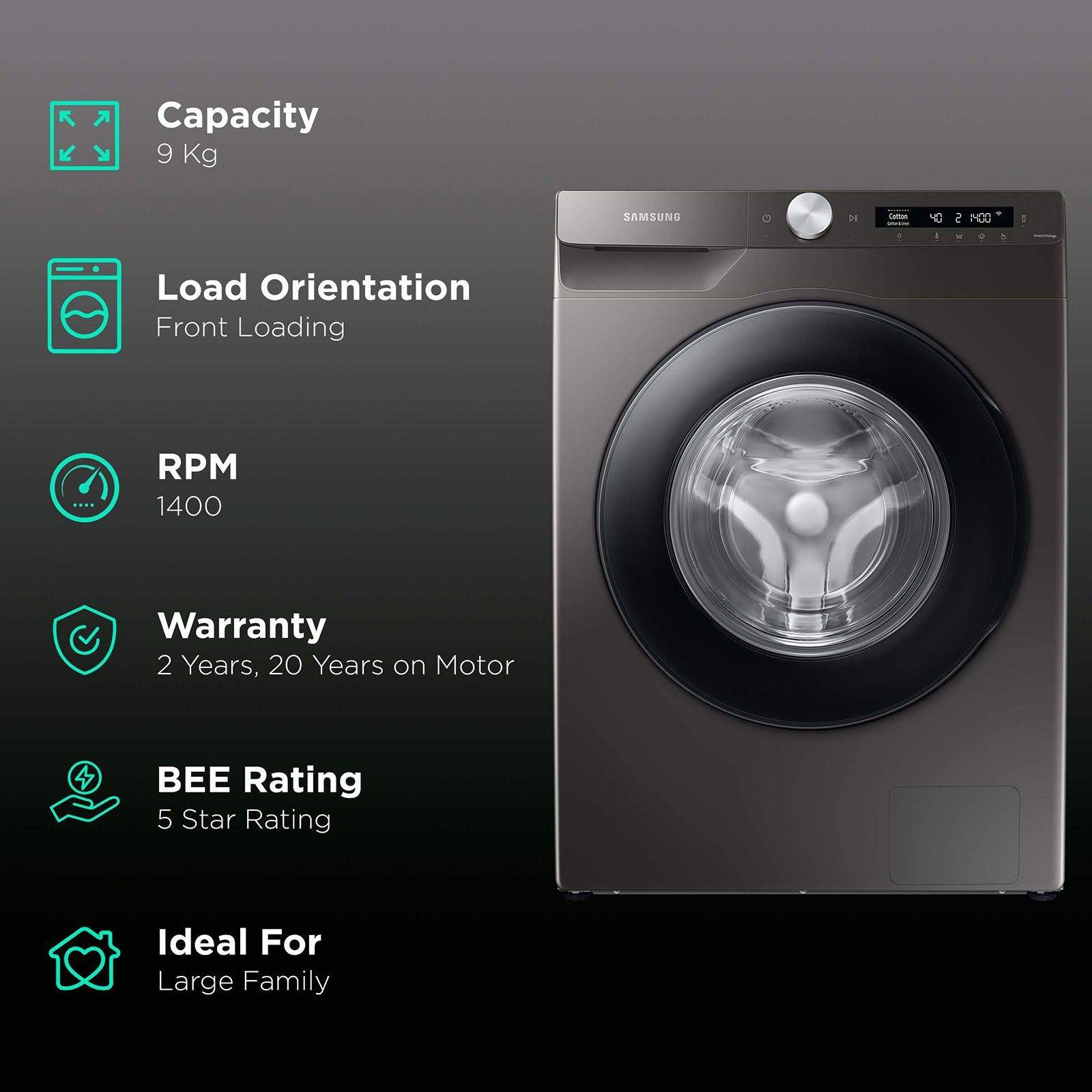 SAMSUNG 9 kg 5 Star Inverter Fully Automatic Front Load Washing Machine (WW90T504DAN1TL, AI Control Display, Inox)_2