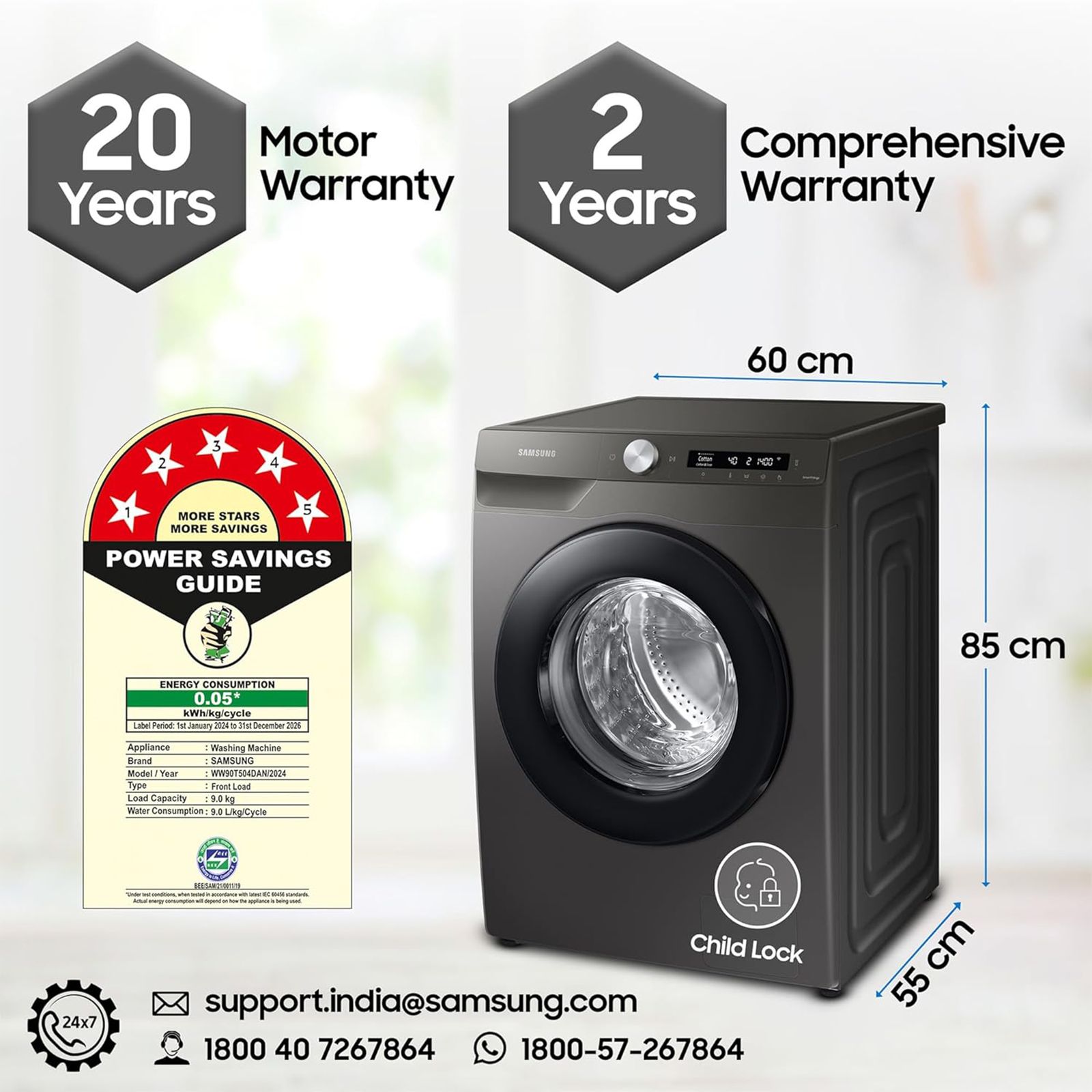 SAMSUNG 9 kg 5 Star Inverter Fully Automatic Front Load Washing Machine (WW90T504DAN1TL, AI Control Display, Inox)_20