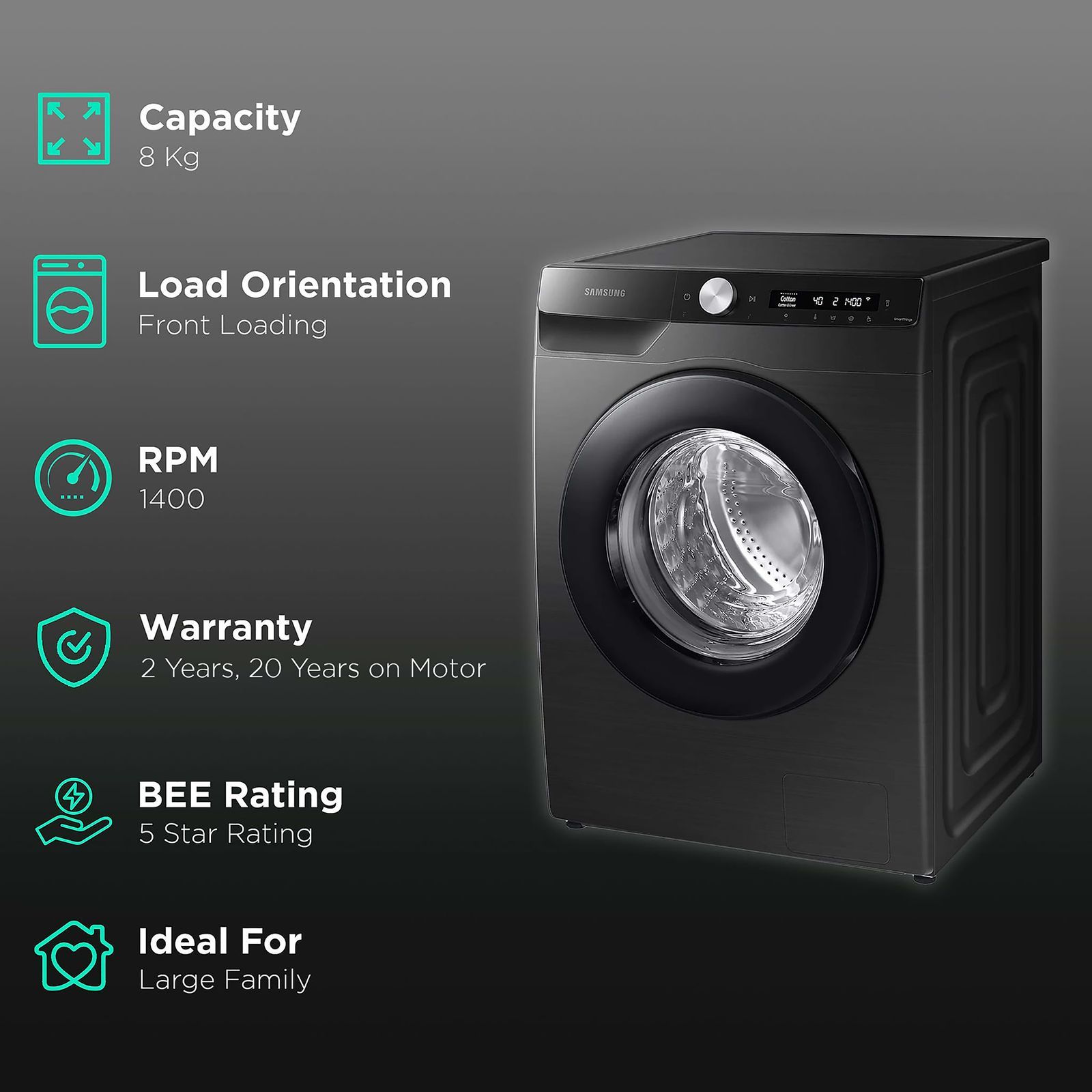 SAMSUNG 8 kg 5 Star Inverter Fully Automatic Front Load Washing Machine (WW80T504DAB1TL, AI Control Display, Black Caviar)_2