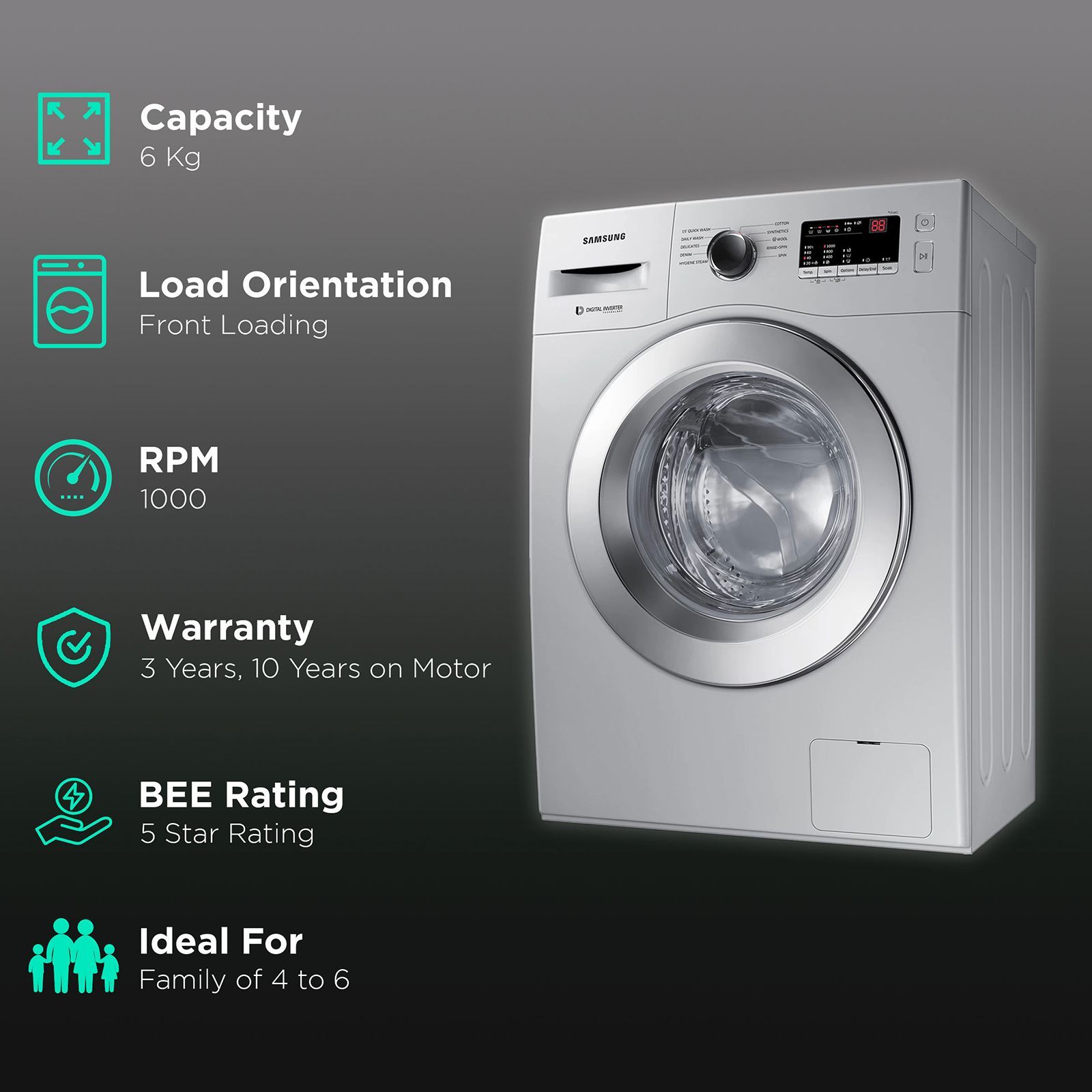 SAMSUNG 6 kg 5 Star Inverter Fully Automatic Front Load Washing Machine (WW60R20GLSS/TL, Diamond Drum, Silver) SAMSUNG 6 kg 5 Star Inverter Fully Automatic Front Load Washing Machine (WW60R20GLSS/TL, Diamond Drum, Silver)_2