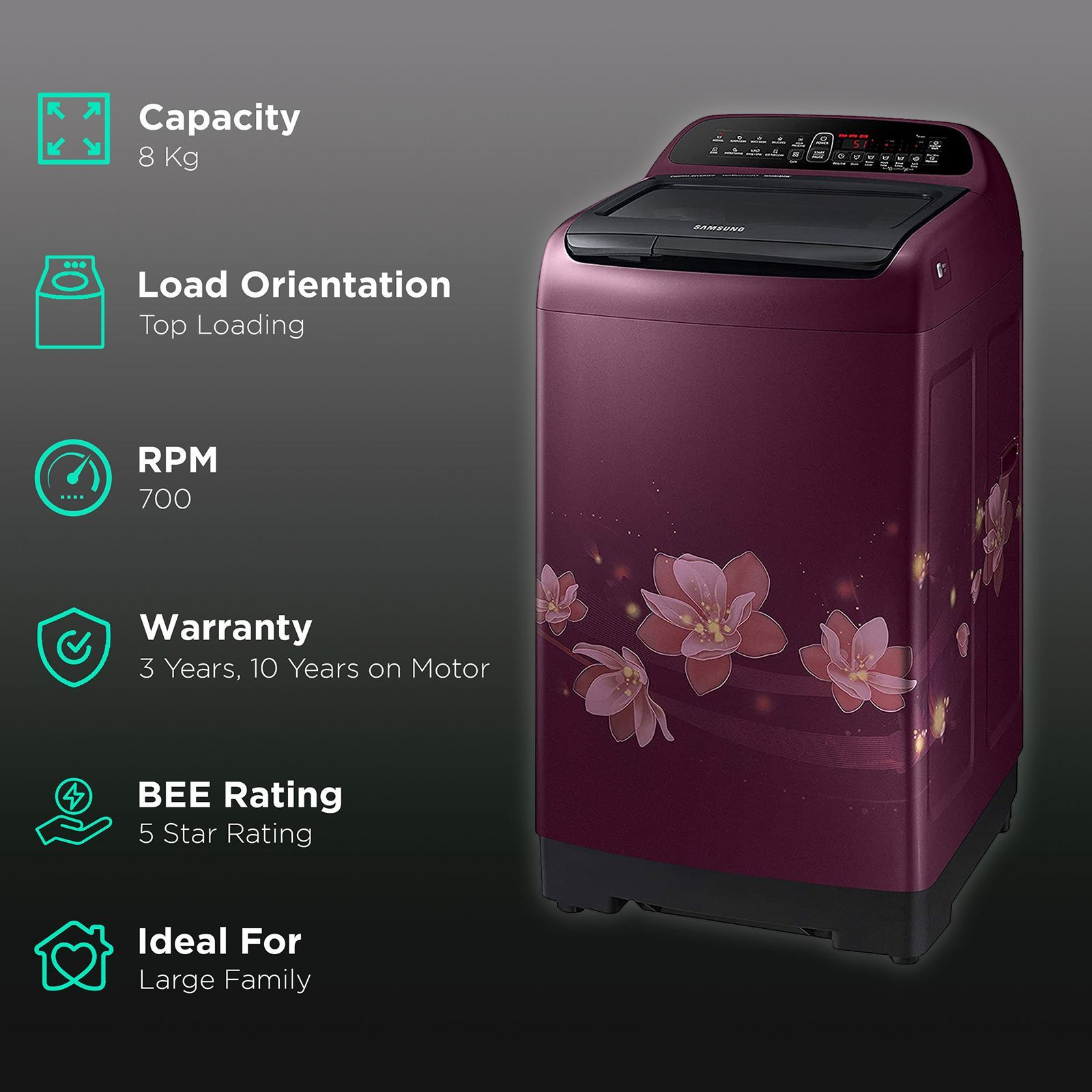 SAMSUNG 8 kg 5 Star Inverter Fully Automatic Top Load Washing Machine (WA80T4560BM/TL, Diamond Drum, Magnolia Plum)_2