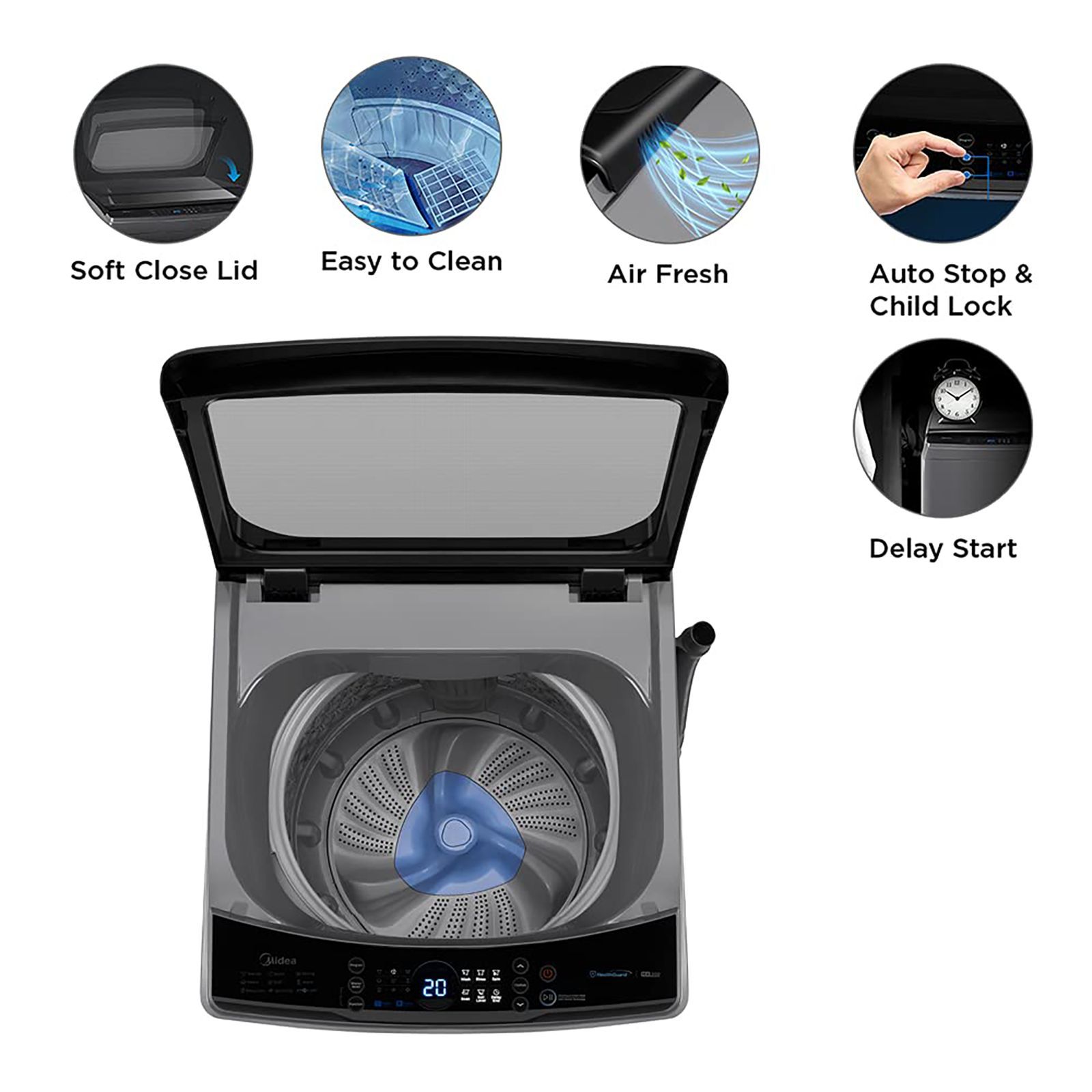 Midea 7 kg 5 Star Inverter Fully Automatic Top Load Washing Machine (MA200W70/G-IN, Lint Filter, Dark Grey)_12