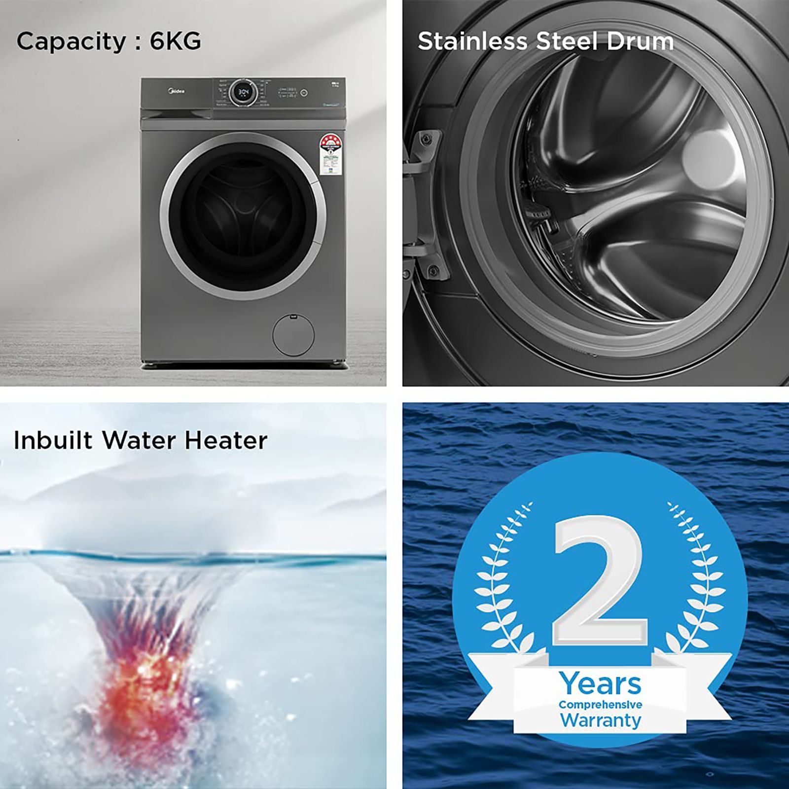 Midea 6 kg 5 Star Fully Automatic Front Load Washing Machine (MF100W60/T-IN, In-Built Heater, Dark Grey) Midea 6 kg 5 Star Fully Automatic Front Load Washing Machine (MF100W60/T-IN, In-Built Heater, Dark Grey)_12