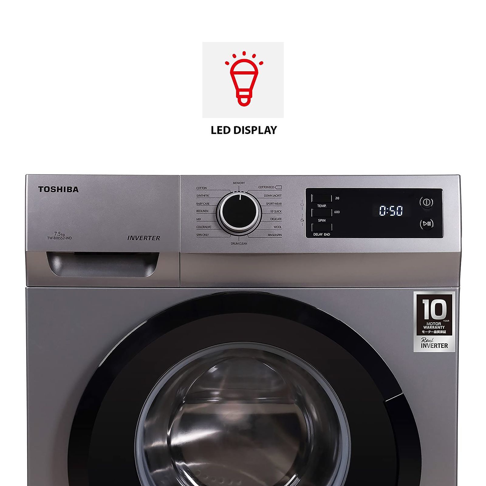 TOSHIBA 7.5 kg 5 Star Inverter Fully Automatic Front Load Washing Machine (TW-BJ85S2-IND(SK), In-Built Heater, Silver)_8