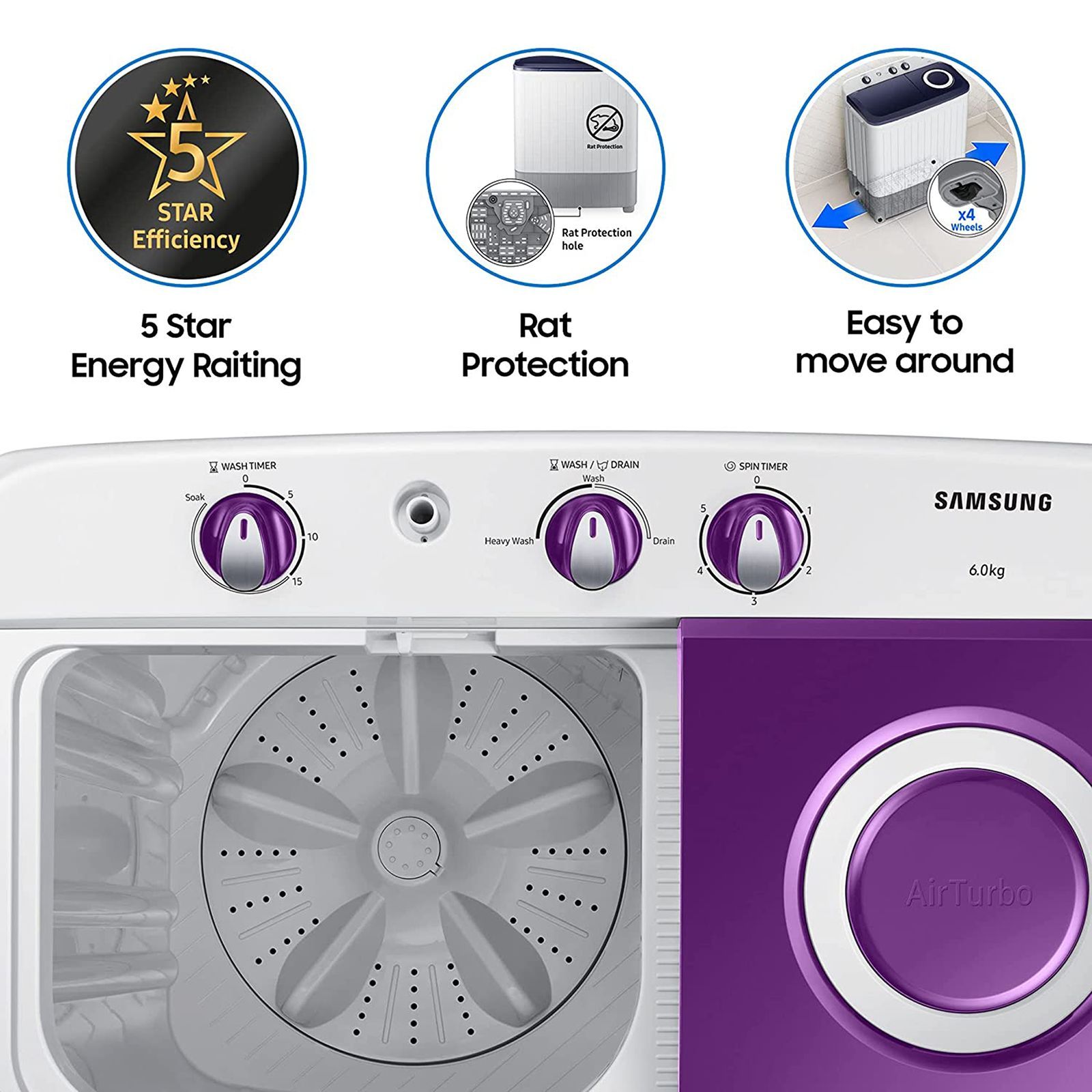 SAMSUNG 6 kg 5 Star Semi Automatic Washing Machine with Air Turbo Drying (WT60R2000LL/TL, Light Grey & Violet)_18