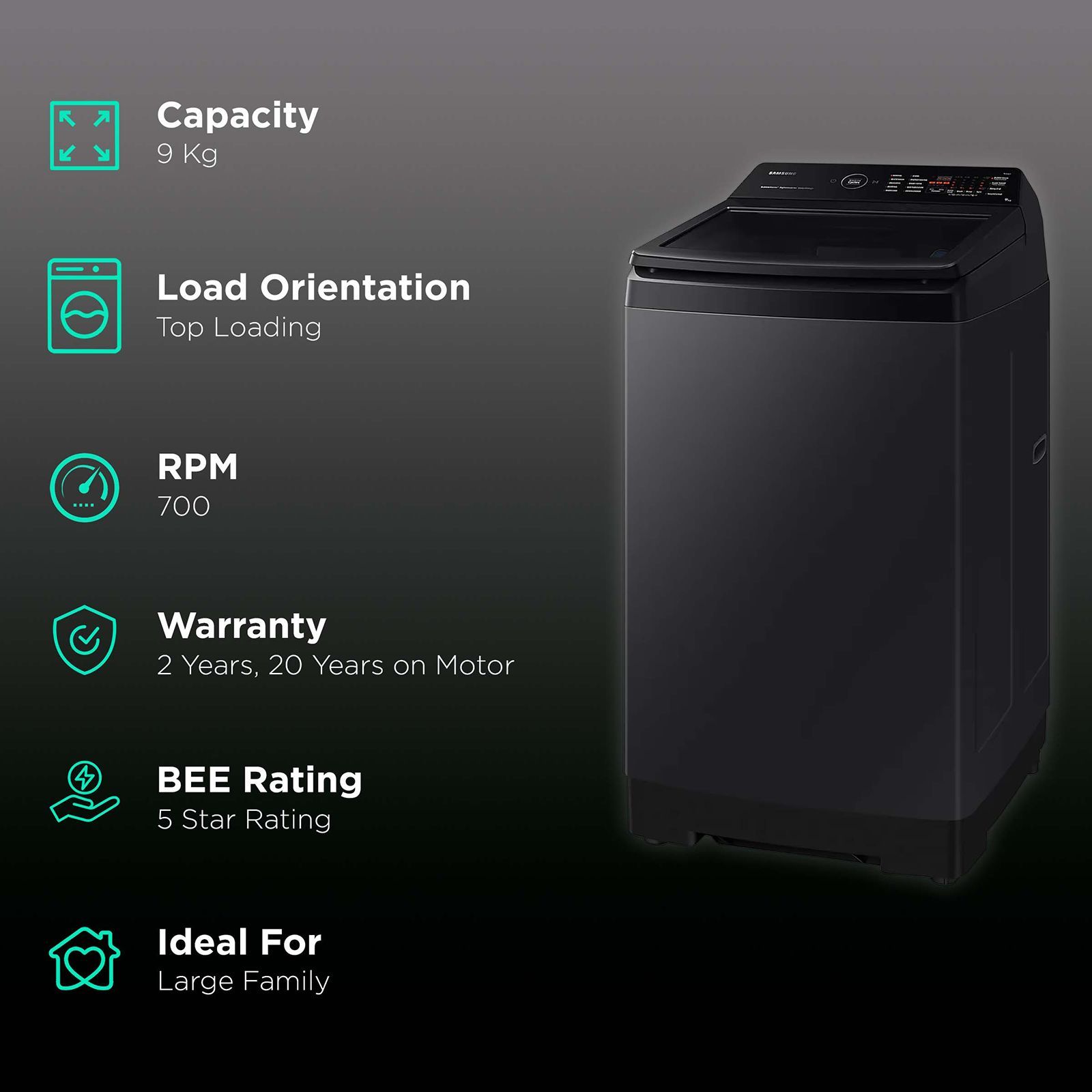 SAMSUNG 9 kg 5 Star Fully Automatic Top Load Washing Machine (WA90BG4546BVTL, Smart Control with Wi-Fi, Black Caviar)_2