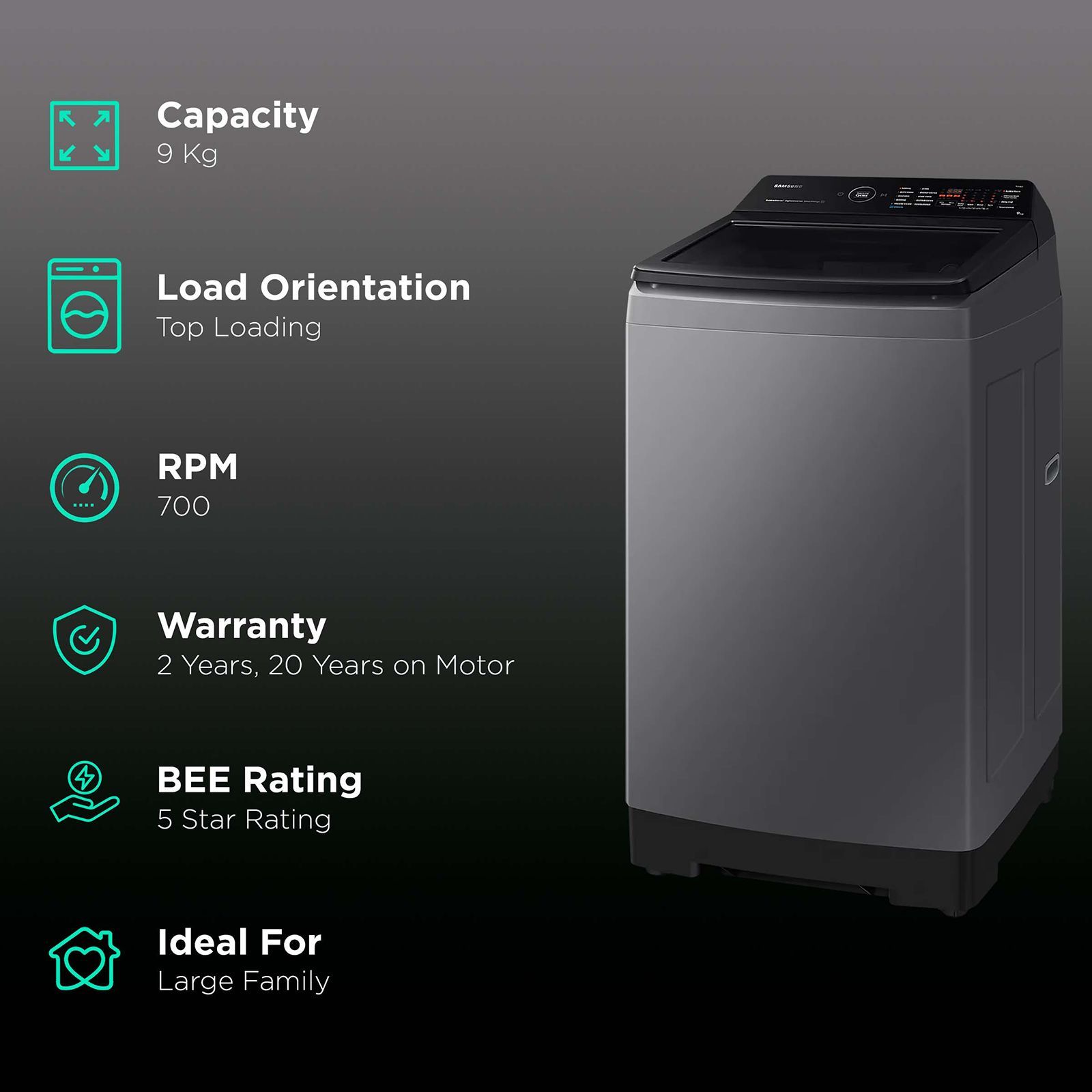 SAMSUNG 9 kg 5 Star Fully Automatic Top Load Washing Machine (WA90BG4582BDTL, In-built Heater, Dark Gray) SAMSUNG 9 kg 5 Star Fully Automatic Top Load Washing Machine (WA90BG4582BDTL, In-built Heater, Dark Gray)_2