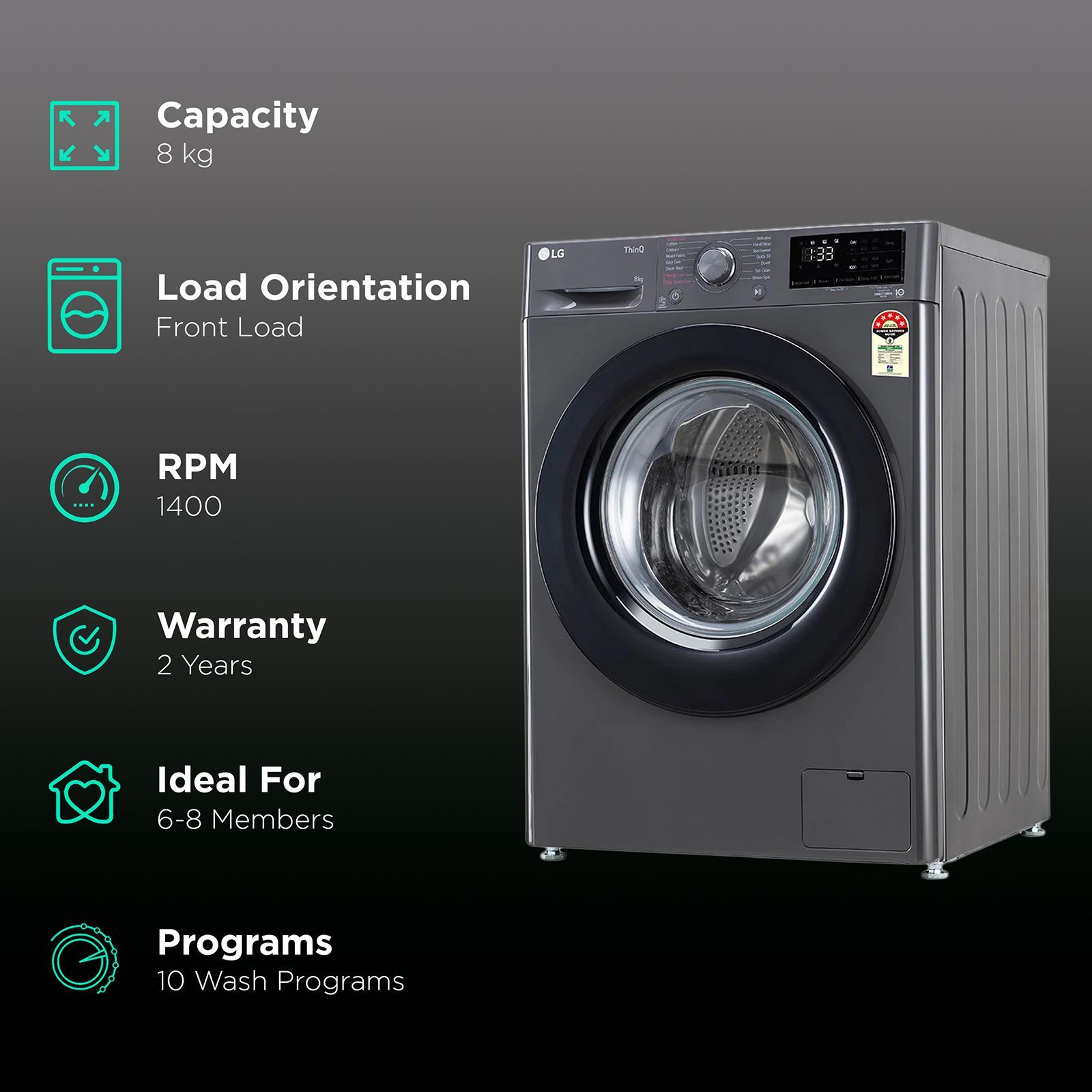 LG 8 kg 5 Star Fully Automatic Front Load Washing Machine (FHV1408Z2M.ABMQEIL, AI Direct Drive Motor, Middle Black) LG 8 kg 5 Star Fully Automatic Front Load Washing Machine (FHV1408Z2M.ABMQEIL, AI Direct Drive Motor, Middle Black)_2