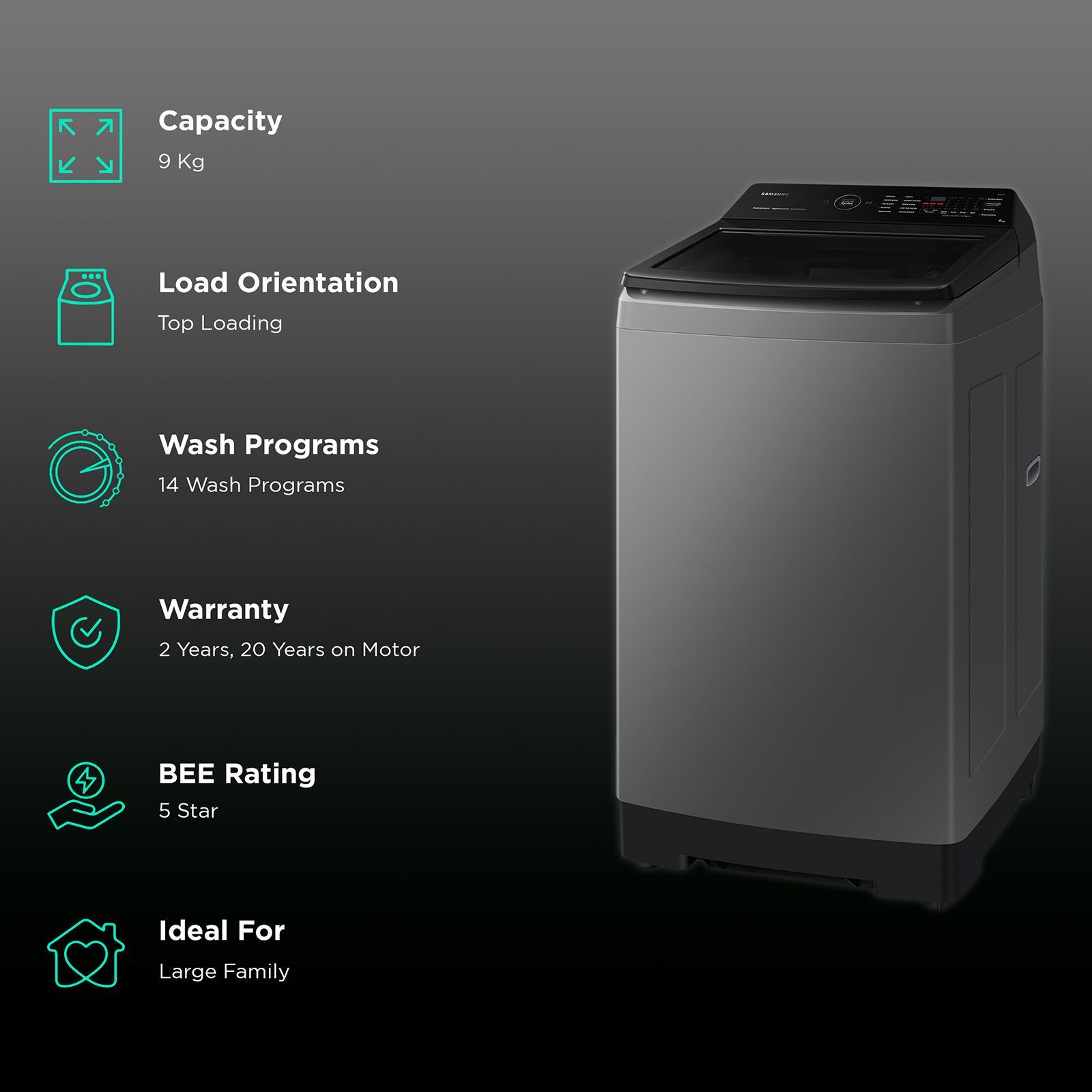 SAMSUNG 9 Kg 5 Star Inverter Fully Automatic Top Load Washing Machine (WA90BG4542BDTL, Diamond Drum, Dark Grey)_2