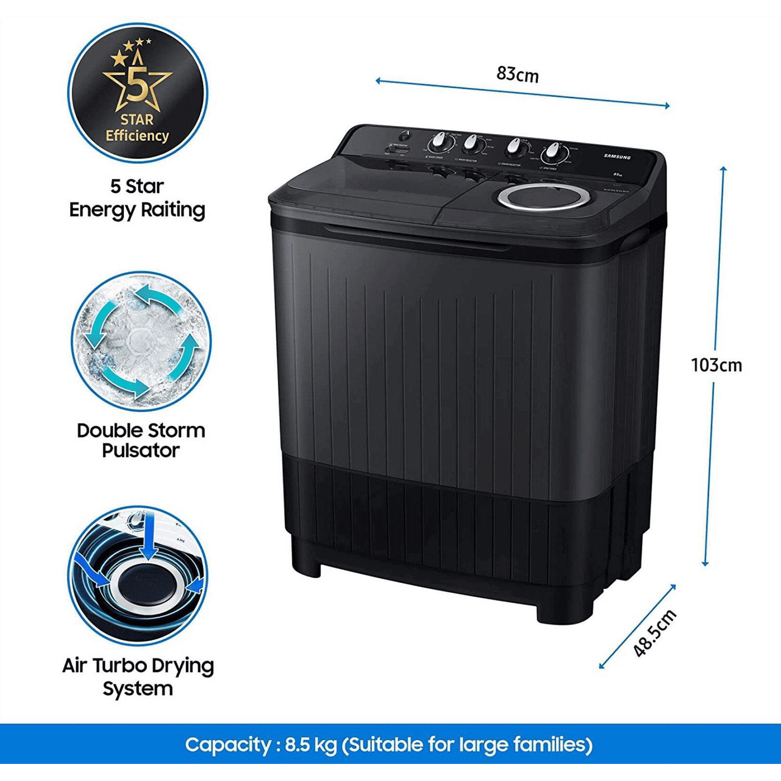 SAMSUNG 8.5 kg 5 Star Semi Automatic Washing Machine with Air Turbo Drying System (WT85B4200GD/TL, Dark Grey)_19