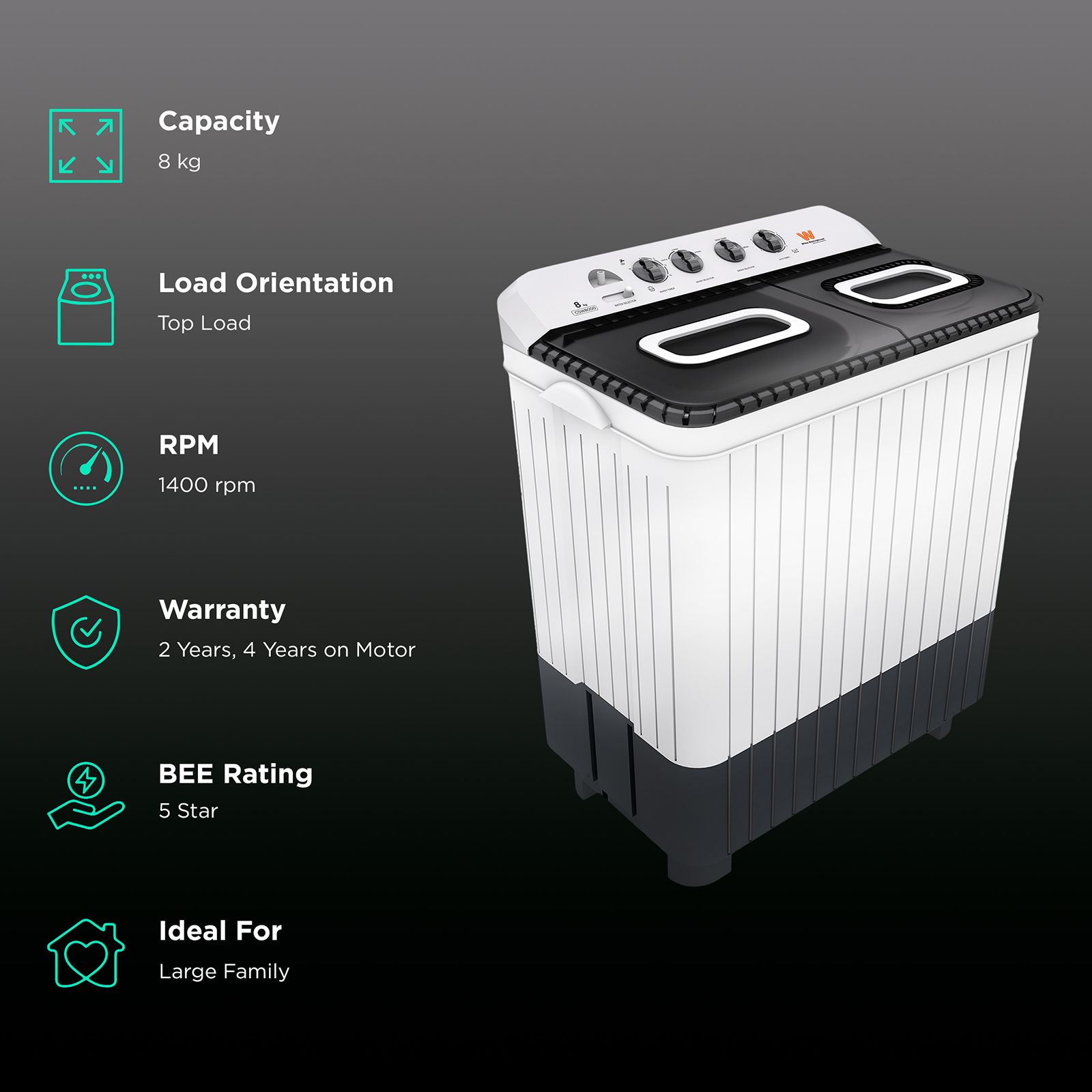 White Westinghouse 8 kg 5 Star Semi Automatic Washing Machine with 5 Wing Pulsator (CSW8000, White and Grey)_2