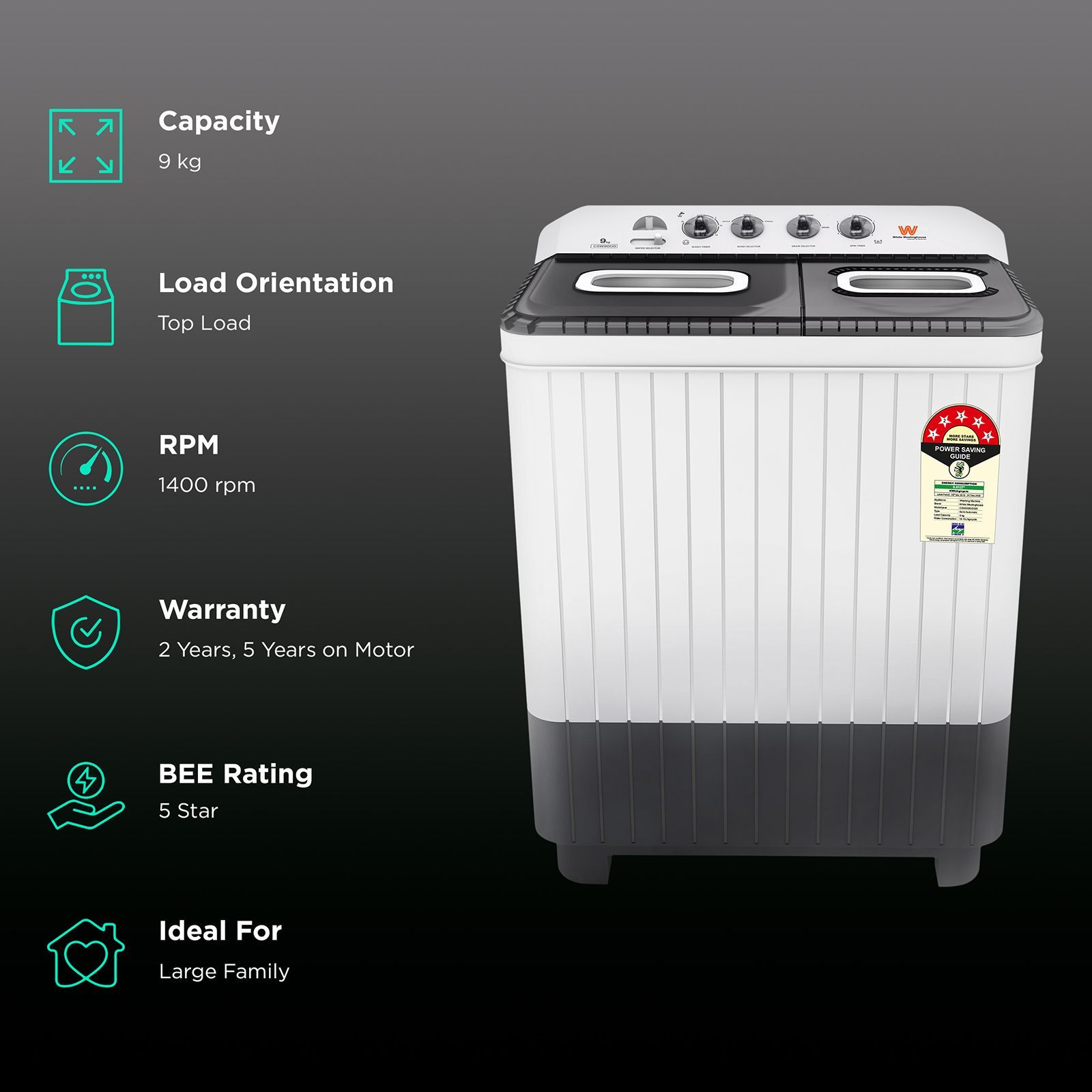 White Westinghouse 9 kg 5 Star Semi Automatic Washing Machine with 5 Wing Pulsator (CSW9000, Grey)_2