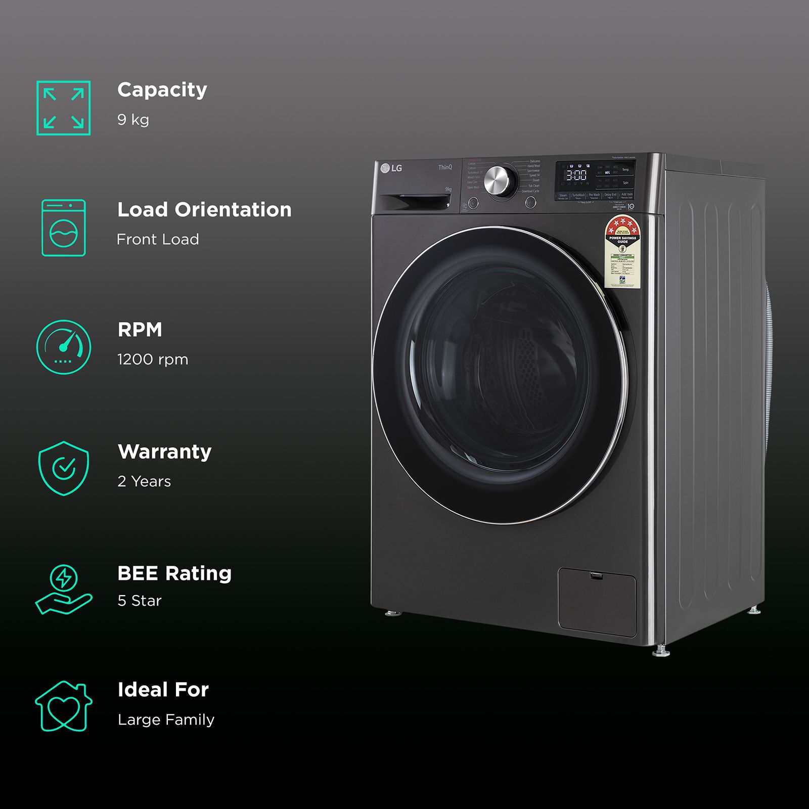 LG 9 Kg 5 Star Inverter Fully Automatic Front Load Washing Machine (FHP1209Z9B.ABLQEIL, In-built Heater, Steam Plus, Black)_2