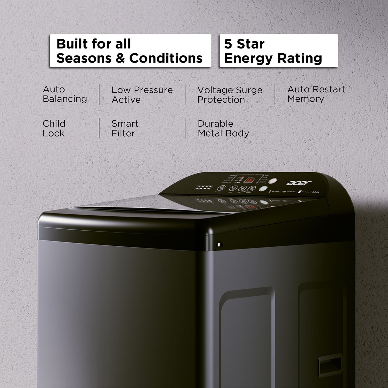 acer 7.5 kg 5 Star Fully Automatic Top Load Washing Machine (Halo Wash, AR75FATLP1GT, AiSense, Grey) acer 7.5 kg 5 Star Fully Automatic Top Load Washing Machine (Halo Wash, AR75FATLP1GT, AiSense, Grey)_8