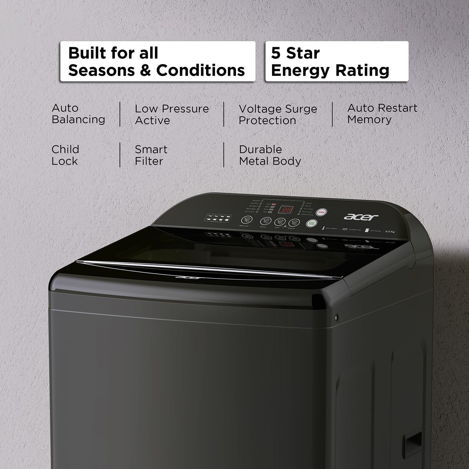 acer 8 kg 5 Star Fully Automatic Top Load Washing Machine (Halo Wash, AR80FATLP1GT, AiSense, Grey)_8