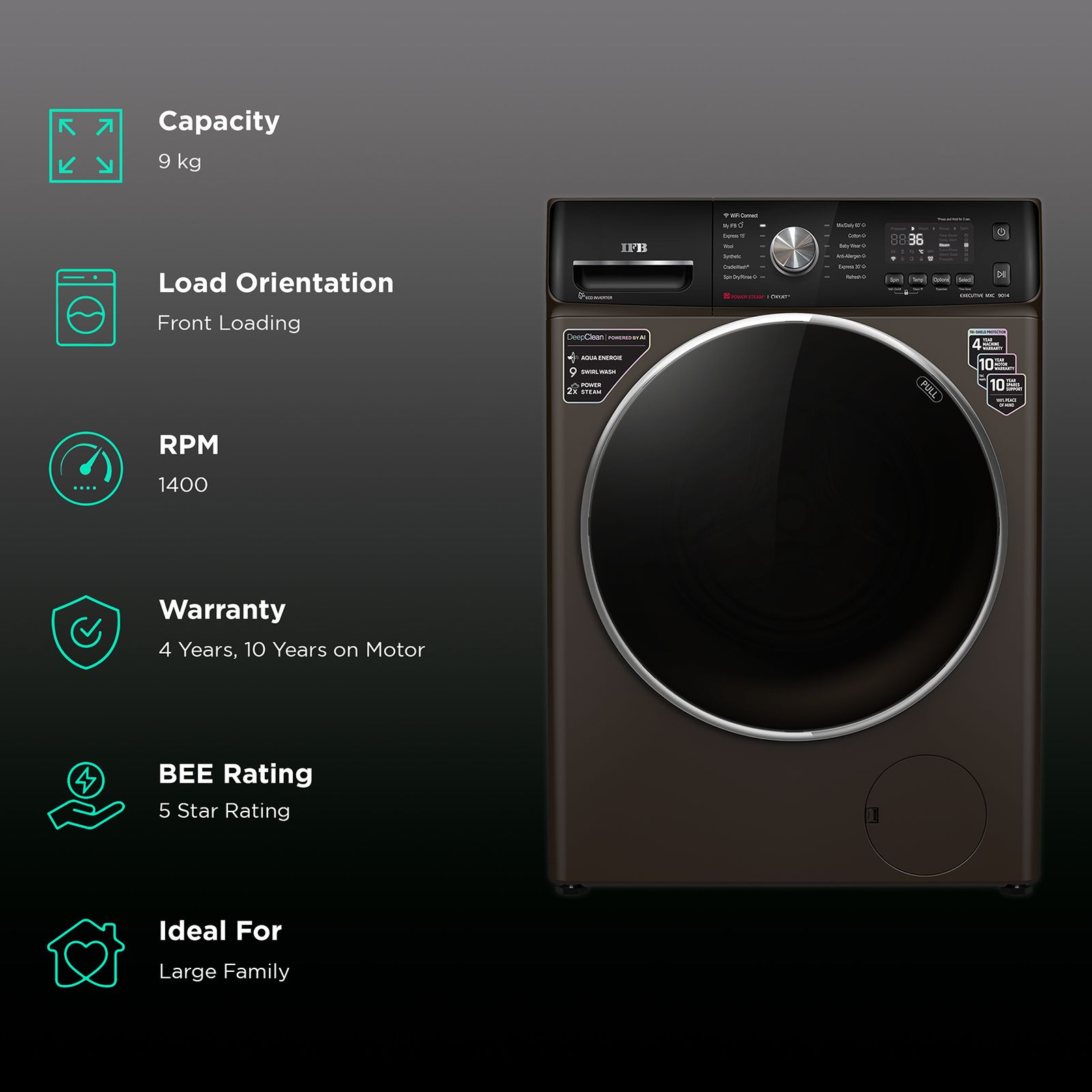 IFB 9 kg 5 Star Inverter Fully Automatic Front Load Washing Machine (Executive MXC, Voice Enabled, Mocha)_2