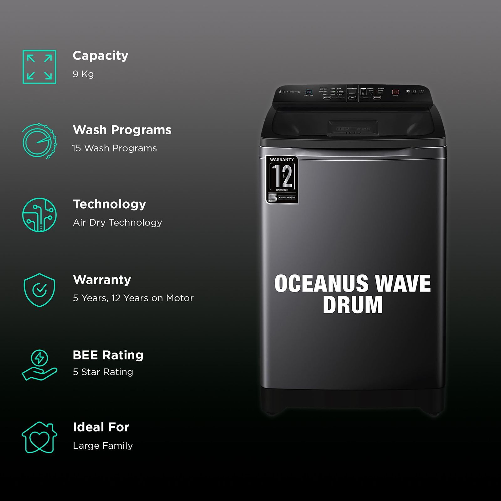 Haier 9 kg 5 Star Fully Automatic Top Load Washing Machine (HSW90-678ES8, Air Dry, Dark Jade Silver)_2