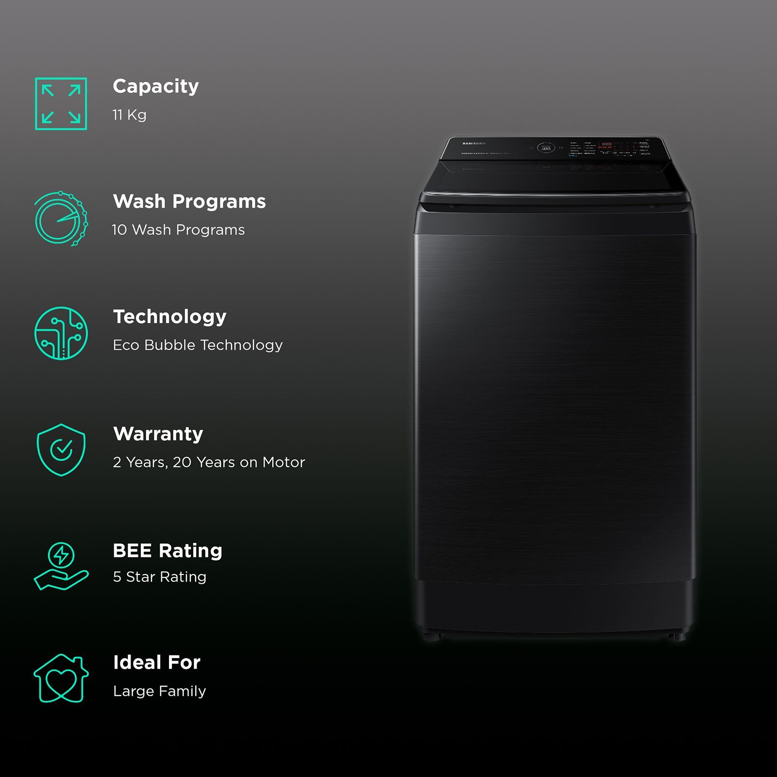 SAMSUNG 11 kg 5 Star Inverter Fully Automatic Top Load Washing Machine (WA11CG5886BVTL, Diamond Drum, Black Caviar)_2